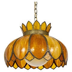 Vintage Caramel-Amber Slag Glass Lotus Flower Swag Pendant Light w/ Decorative Trim