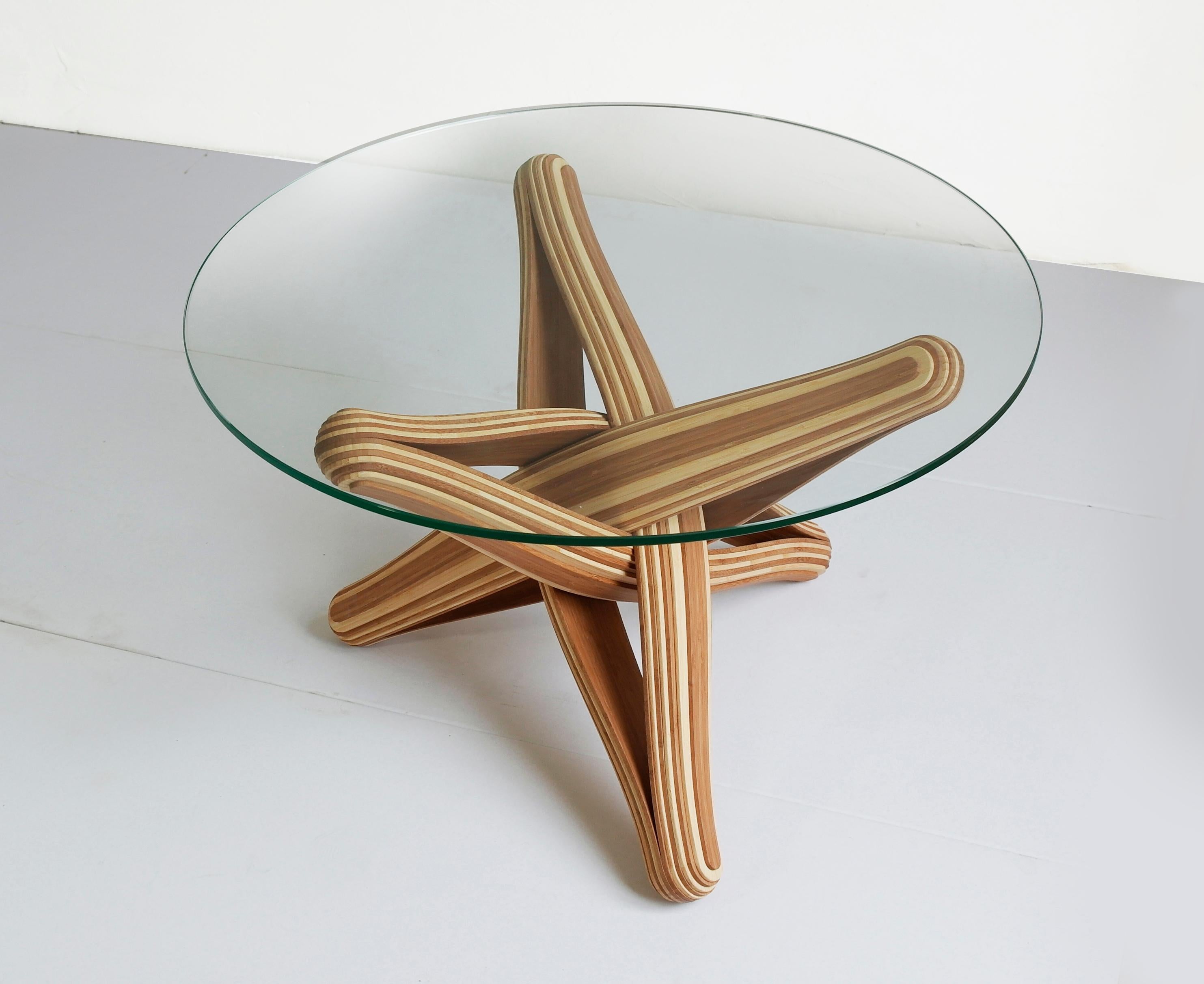 Woodwork Caramel / naturel bamboo Coffee Table with Glass Top For Sale