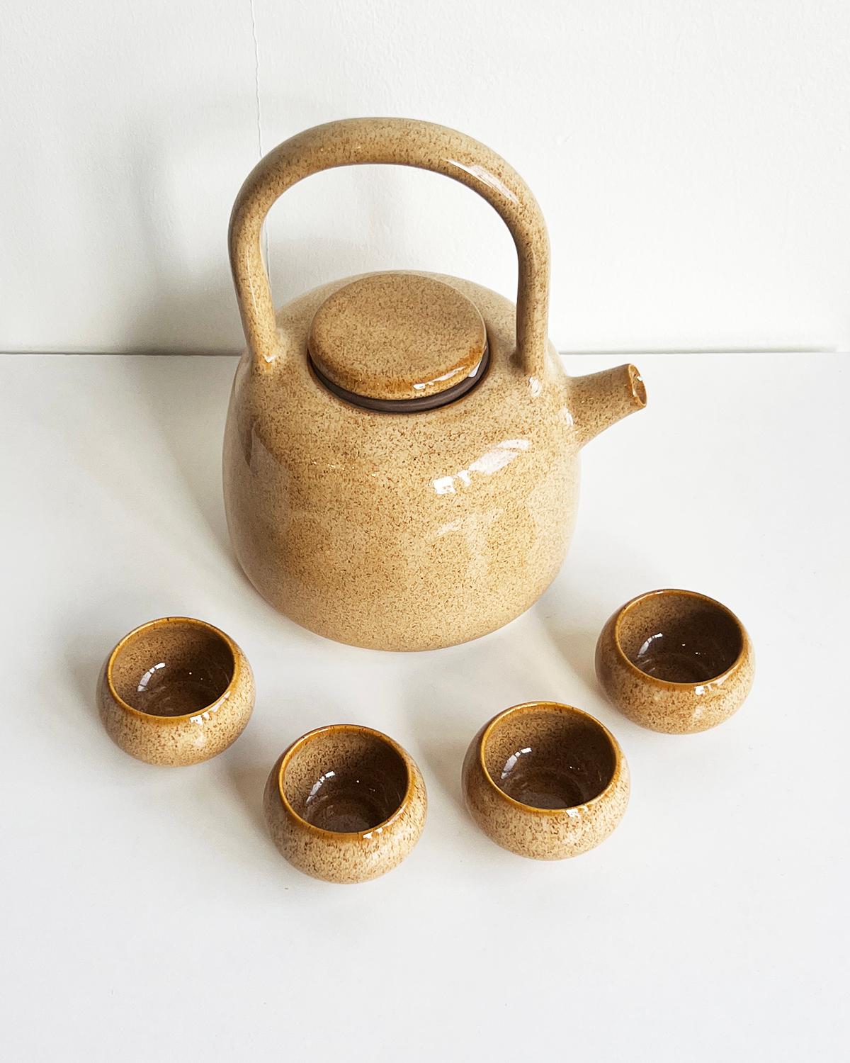 Contemporary Caramel Beige Handmade Stoneware Mezcal Cups - Set of 4 For Sale