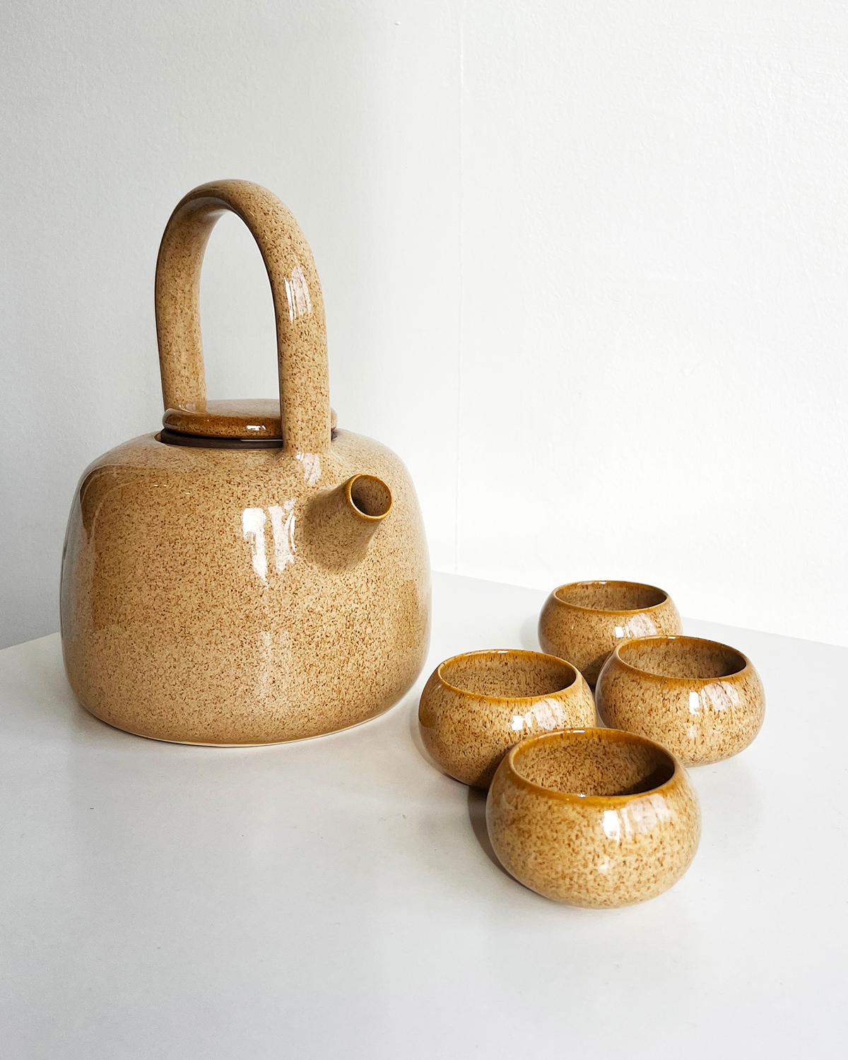 Caramel Beige Handmade Stoneware Mezcal Cups - Set of 4 For Sale 1