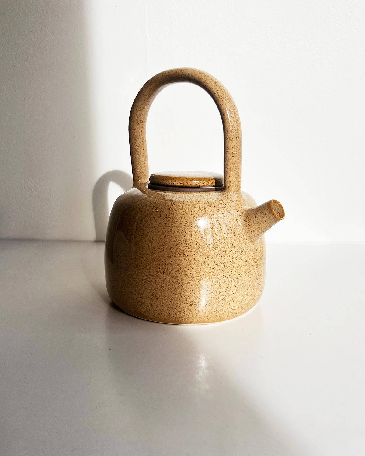 Organic Modern Caramel Beige Speckled Handmade Stoneware Teapot For Sale