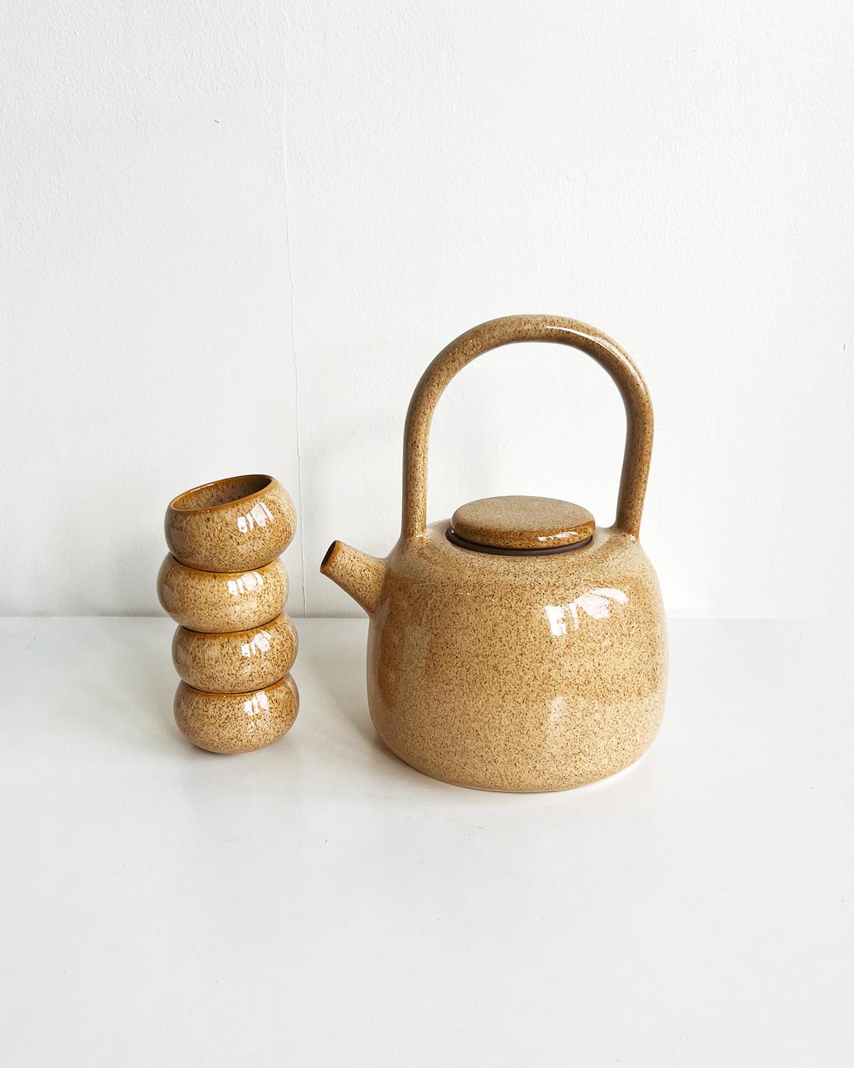Hand-Crafted Caramel Beige Speckled Handmade Stoneware Teapot For Sale