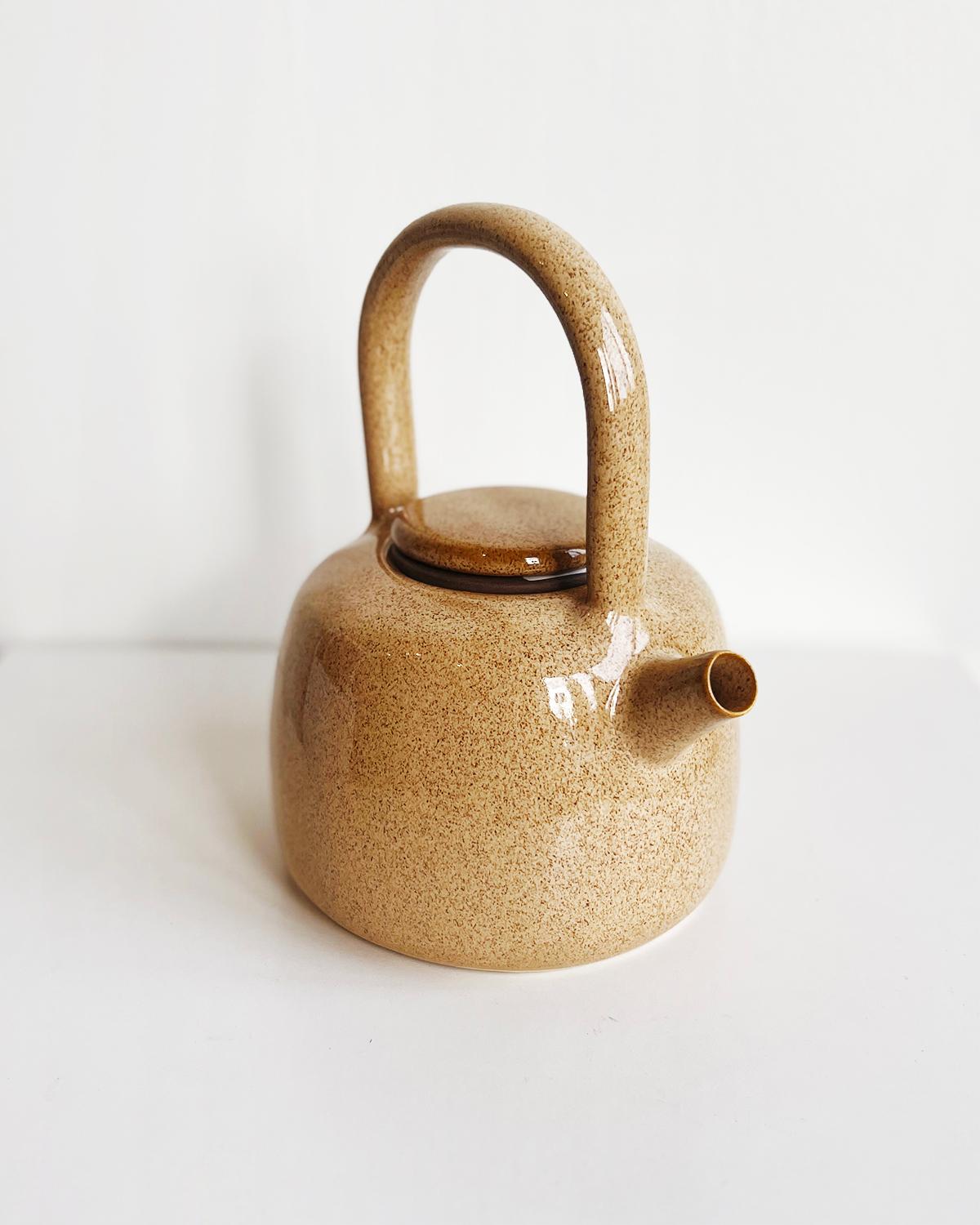Contemporary Caramel Beige Speckled Handmade Stoneware Teapot For Sale