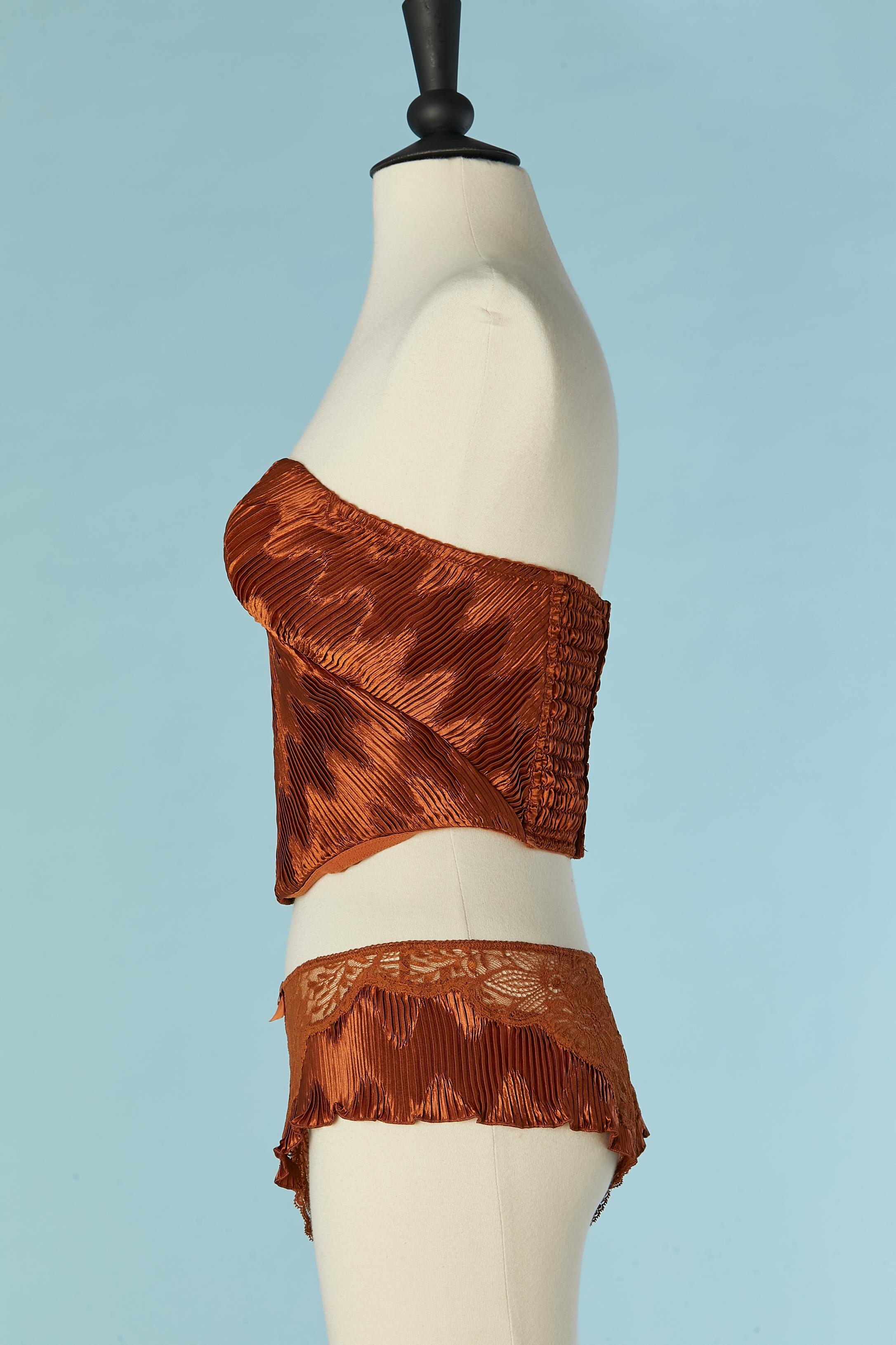 Caramel brown Bustier and panties pleated and lace LA PERLA ( New with tag) In New Condition For Sale In Saint-Ouen-Sur-Seine, FR