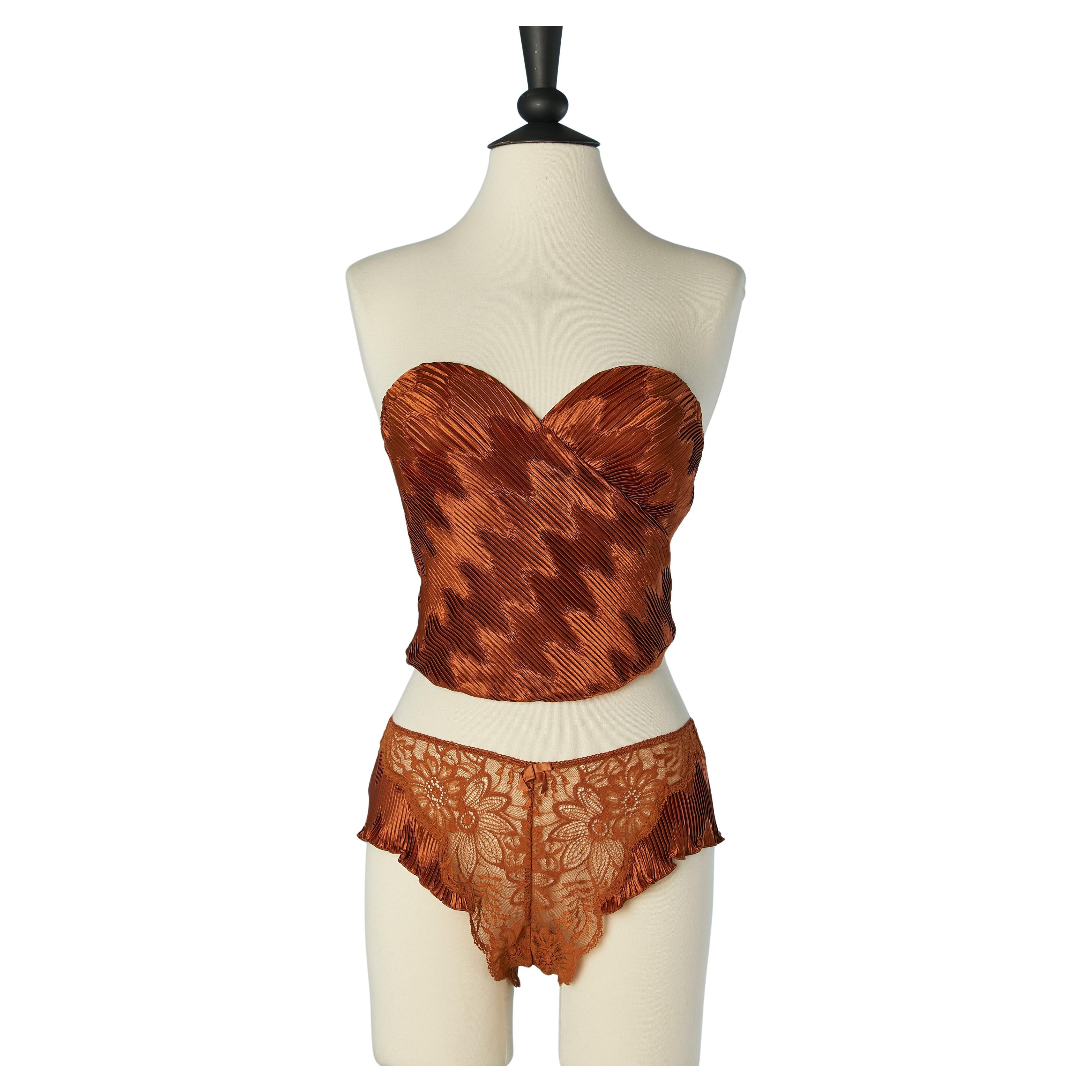 Caramel brown Bustier and panties pleated and lace LA PERLA ( New with tag) For Sale