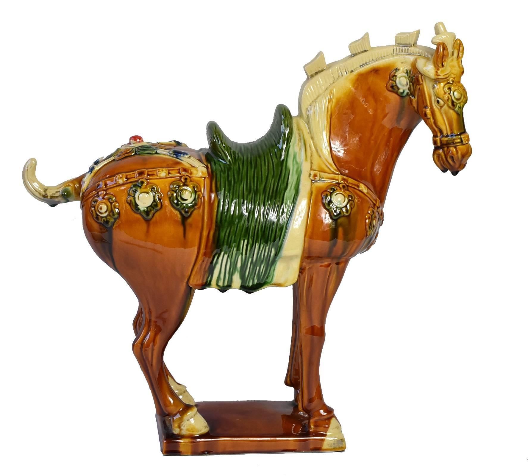 Tang Caramel Brown Pottery Horse, Chinese San Cai Glaze