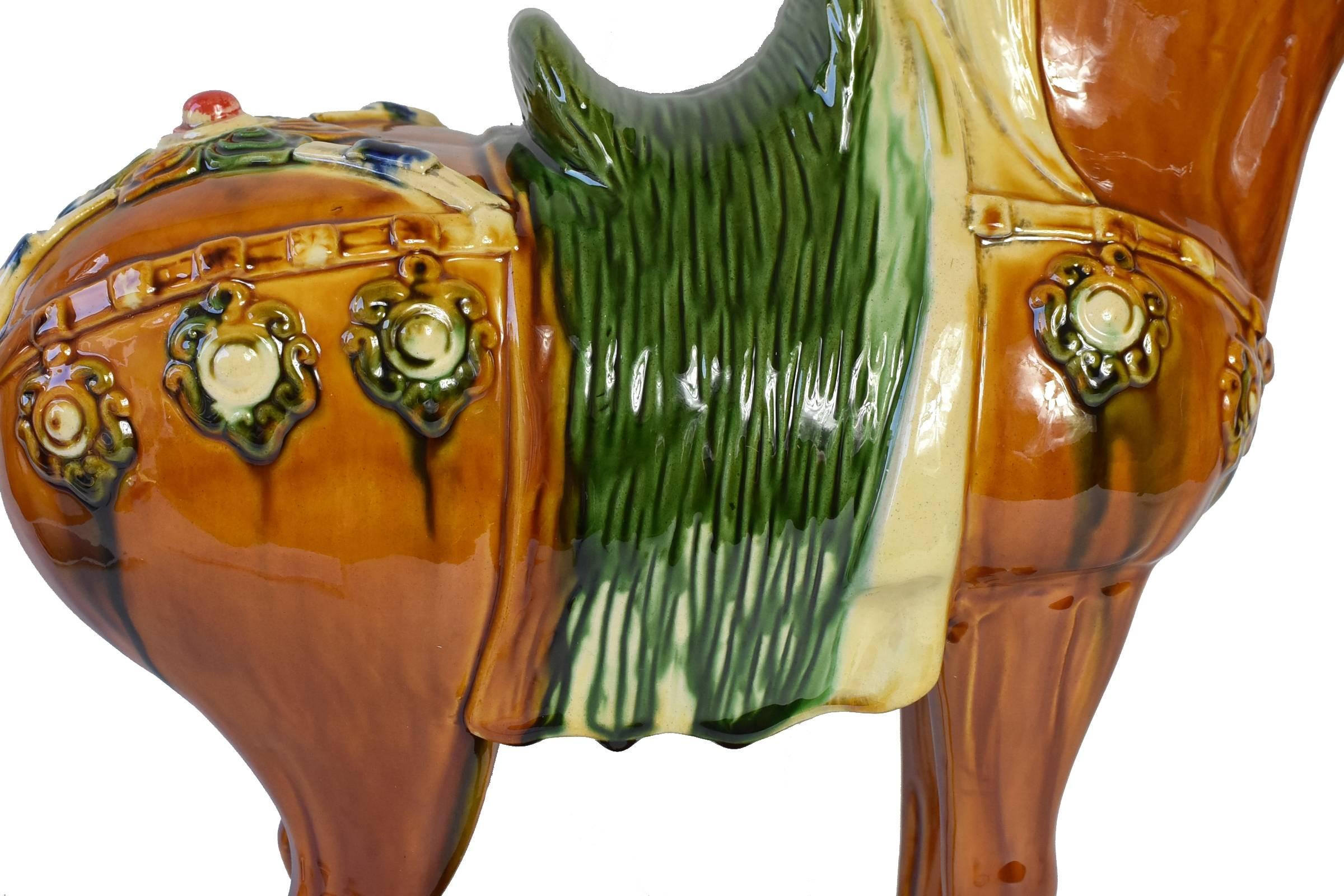 Glazed Caramel Brown Pottery Horse, Chinese San Cai Glaze