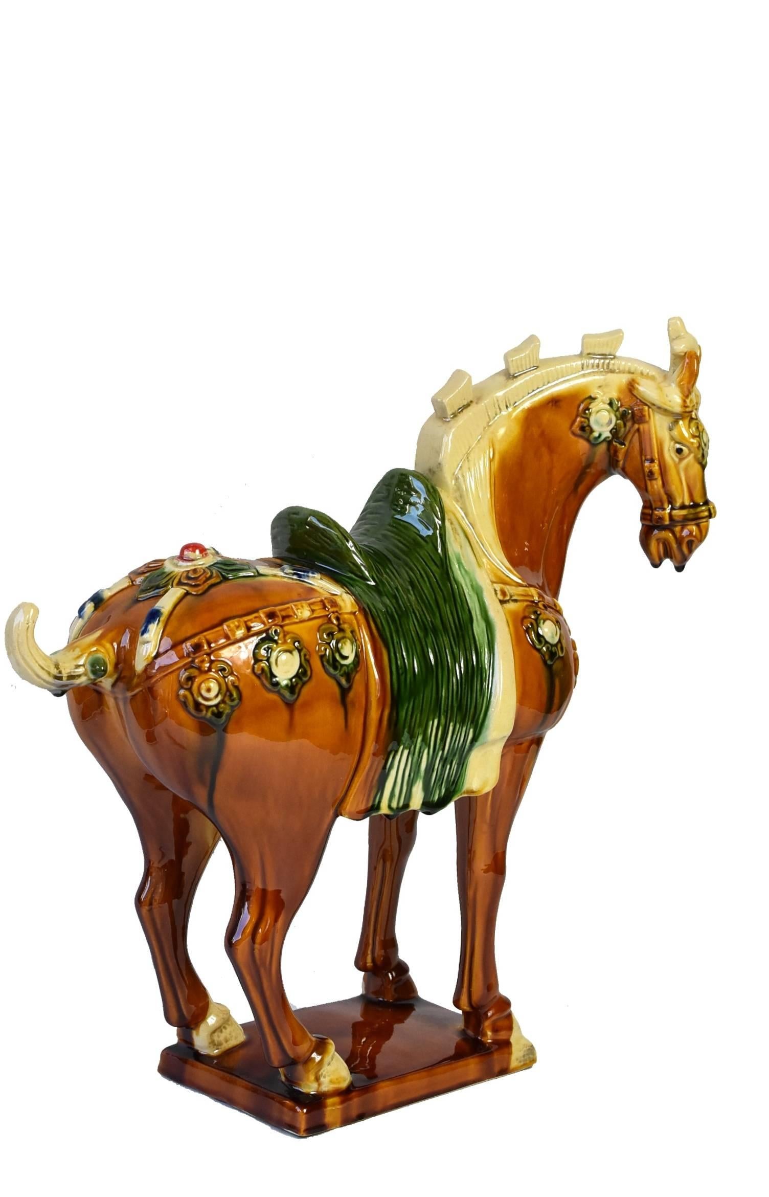 Contemporary Caramel Brown Pottery Horse, Chinese San Cai Glaze