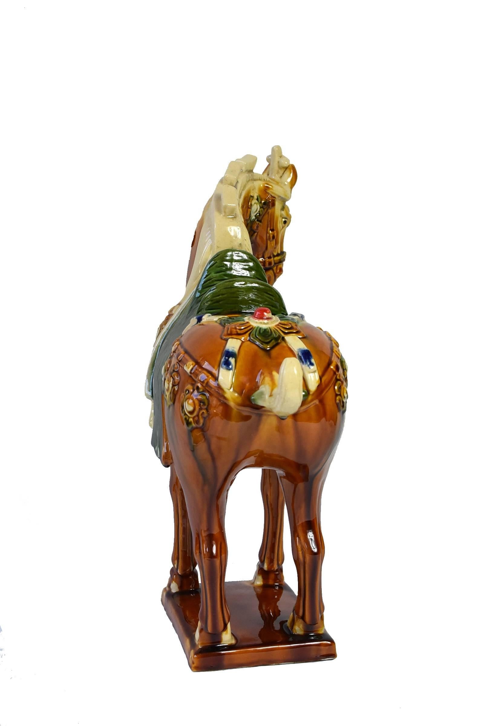 Terracotta Caramel Brown Pottery Horse, Chinese San Cai Glaze
