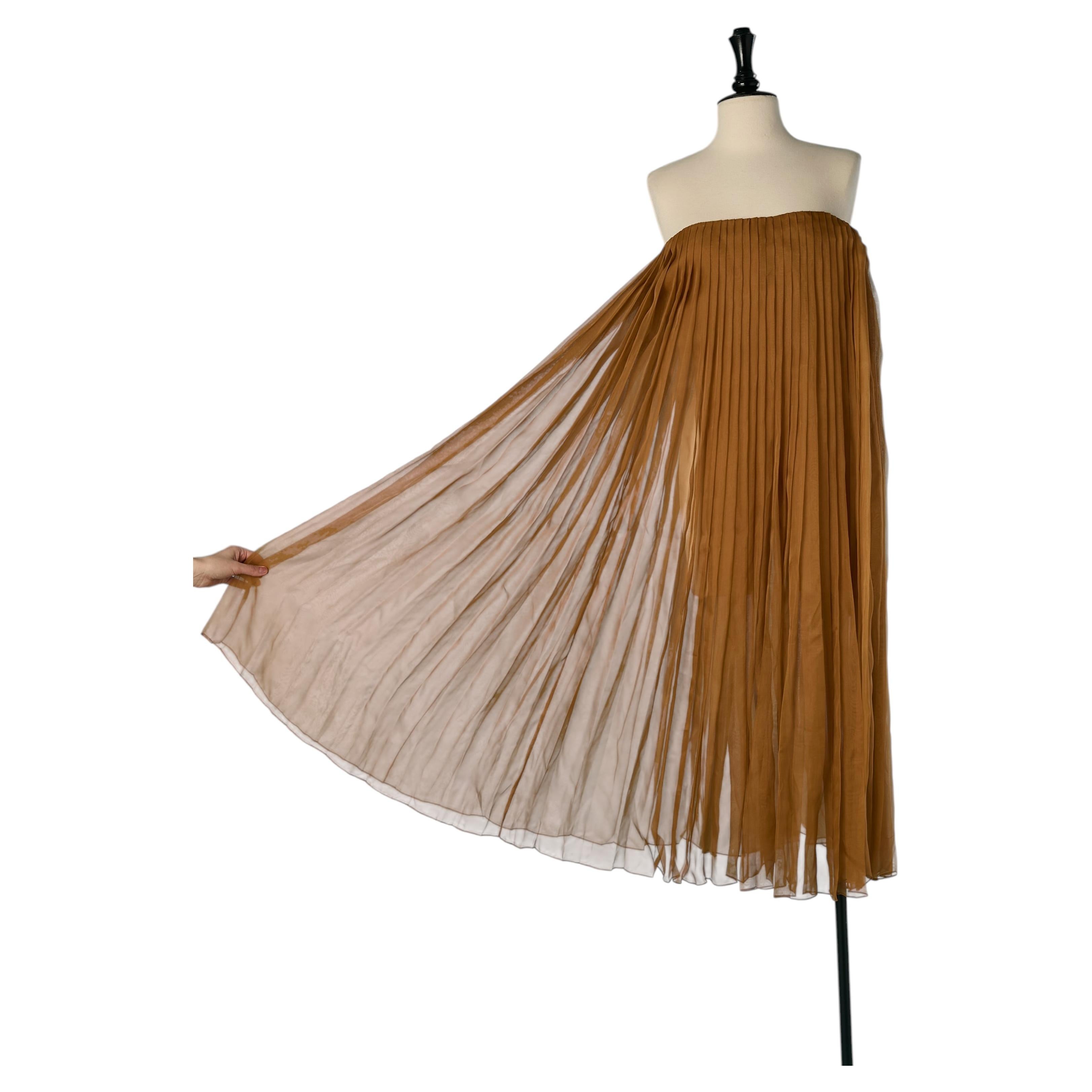 Caramel brown silk chiffon pleated bustier dress ALEXANDRE VAUTHIER