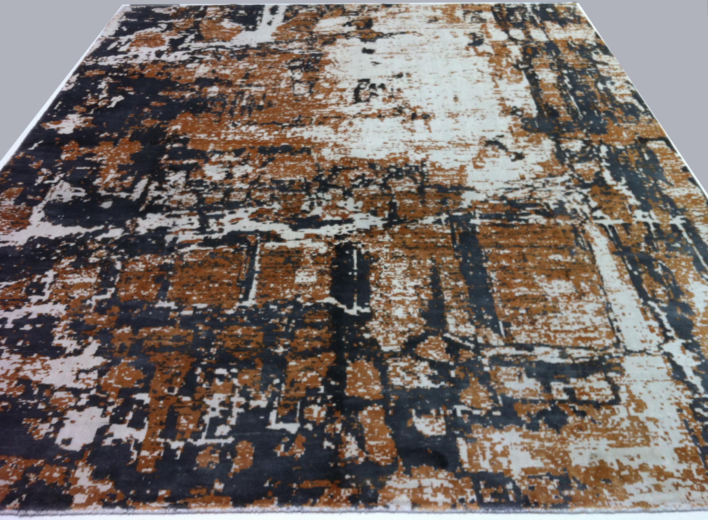 Indian Caramel, Charcoal and Ivory Abstract Area Rug For Sale