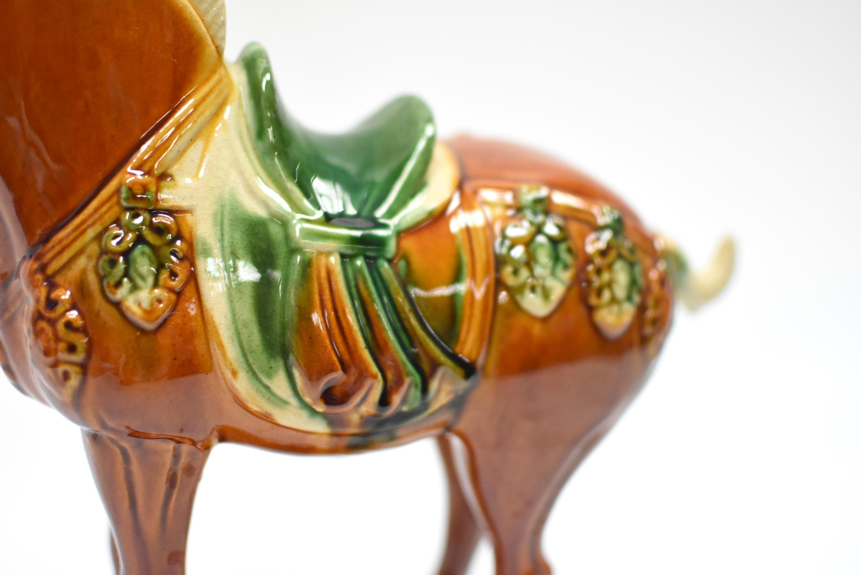 Terracotta Caramel Chinese Pottery Horse with Green Saddle