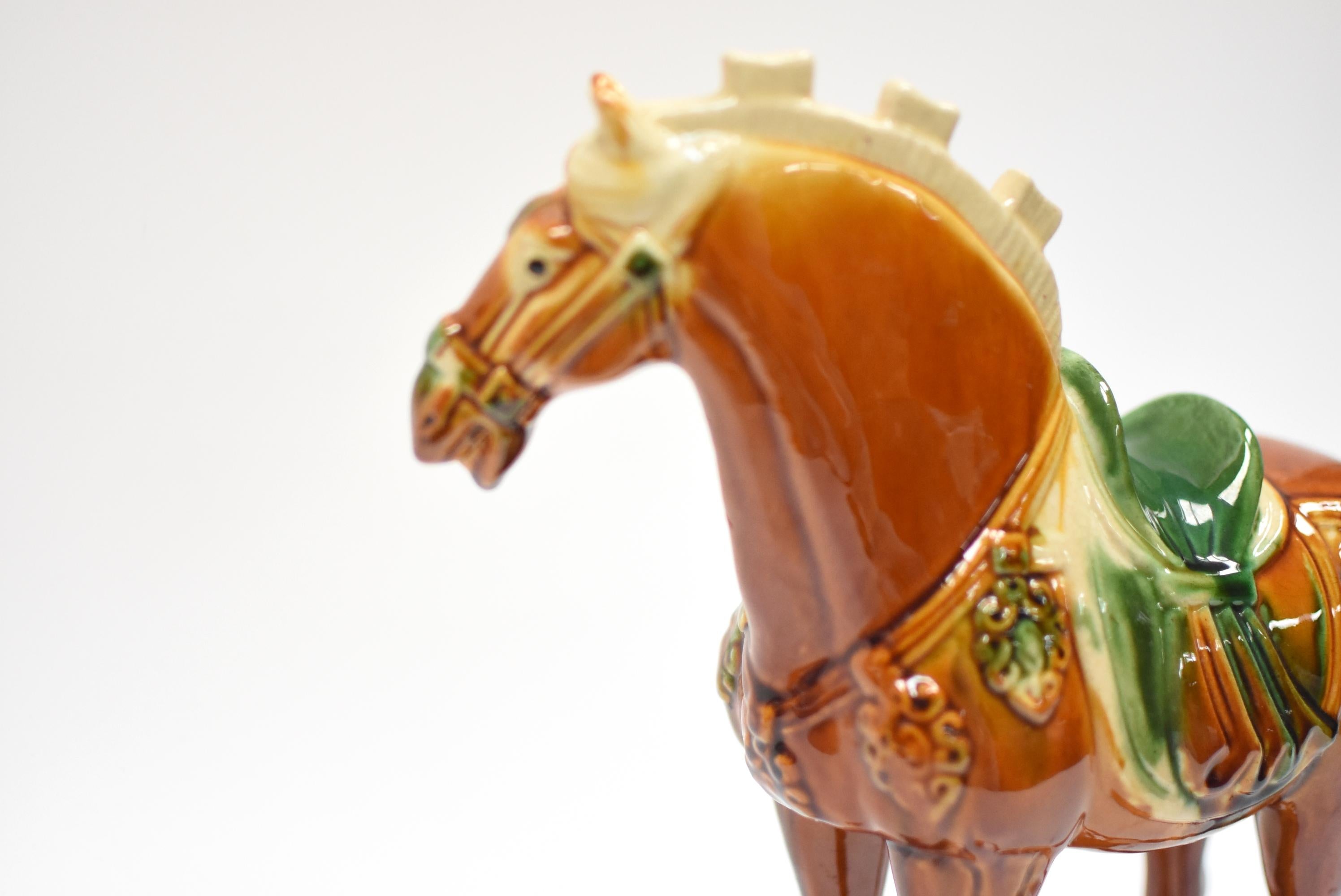 Caramel Chinese Pottery Horse with Green Saddle 2