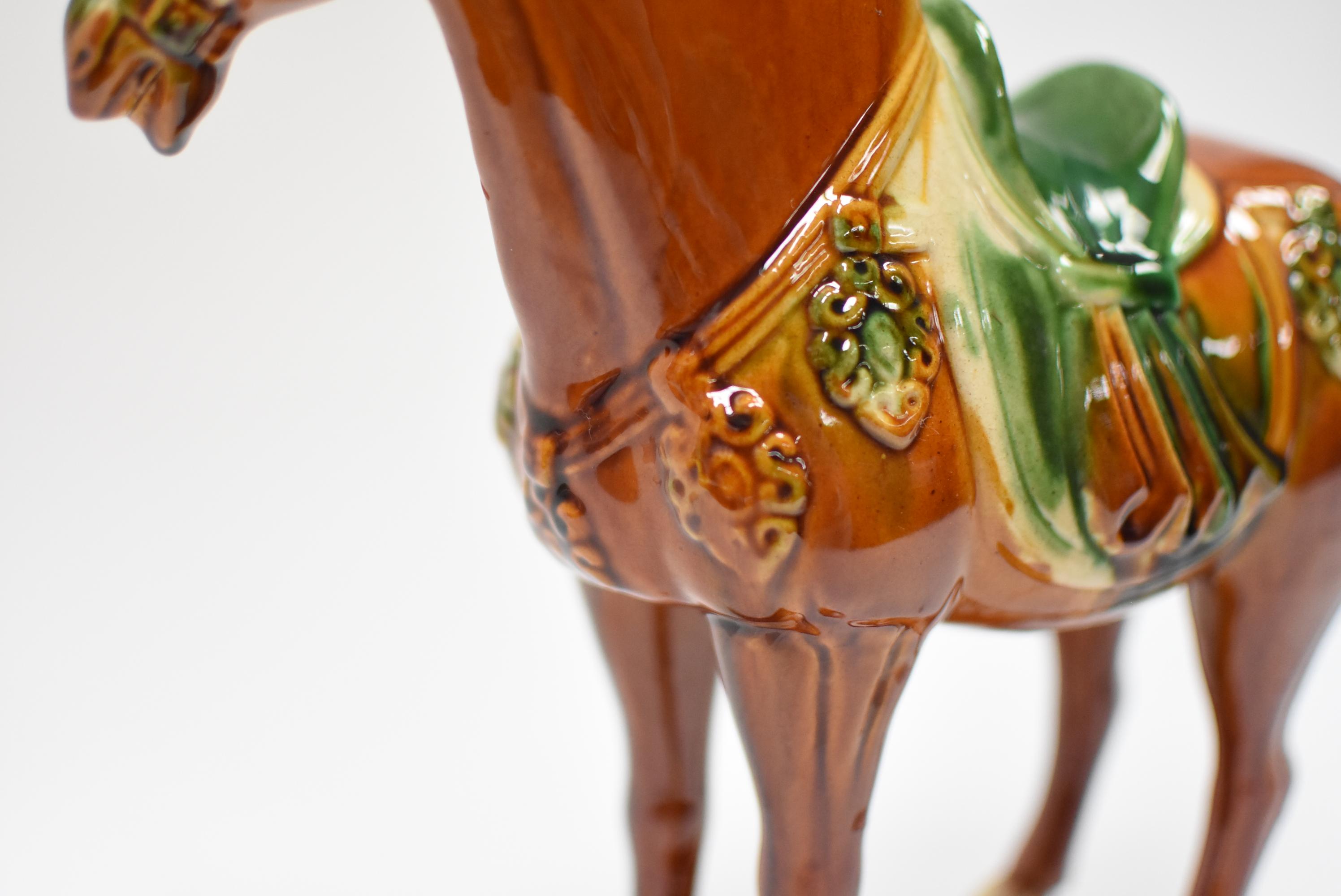 Caramel Chinese Pottery Horse with Green Saddle 3
