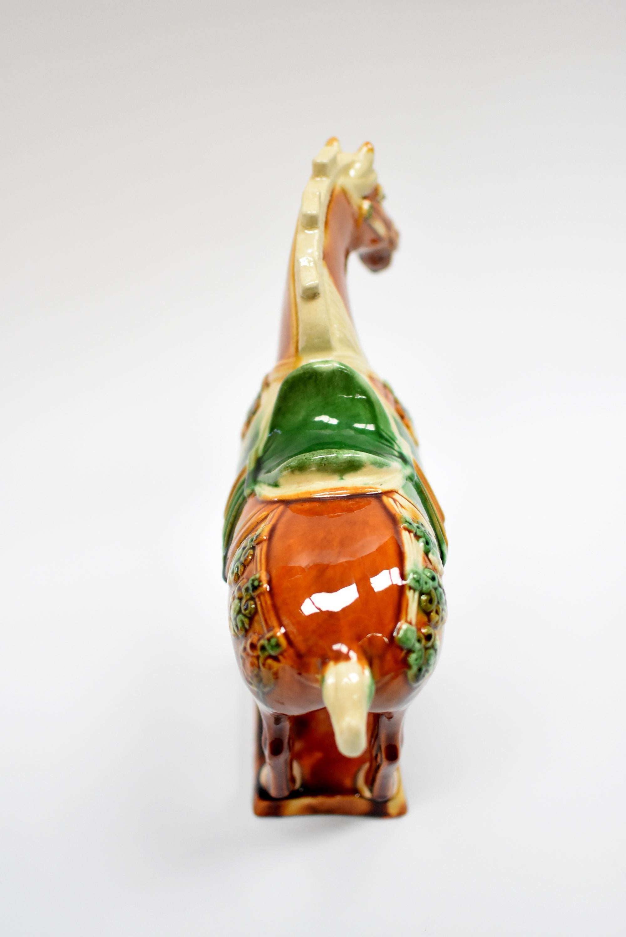 Caramel Chinese Pottery Horse with Green Saddle 4