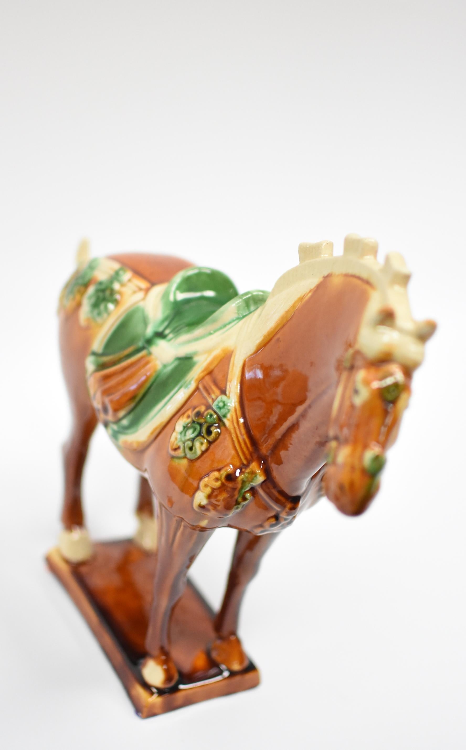 Caramel Chinese Pottery Horse with Green Saddle 5