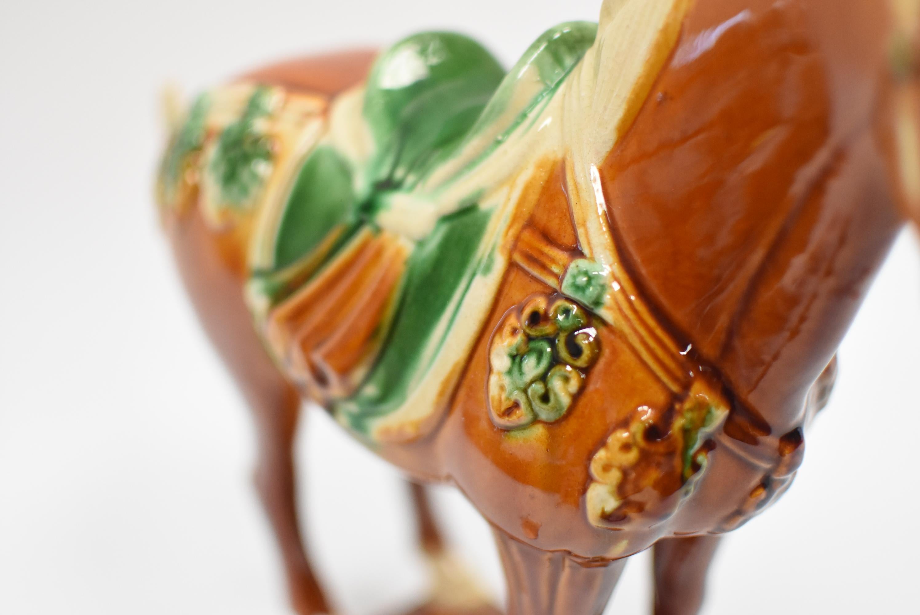 Caramel Chinese Pottery Horse with Green Saddle 8