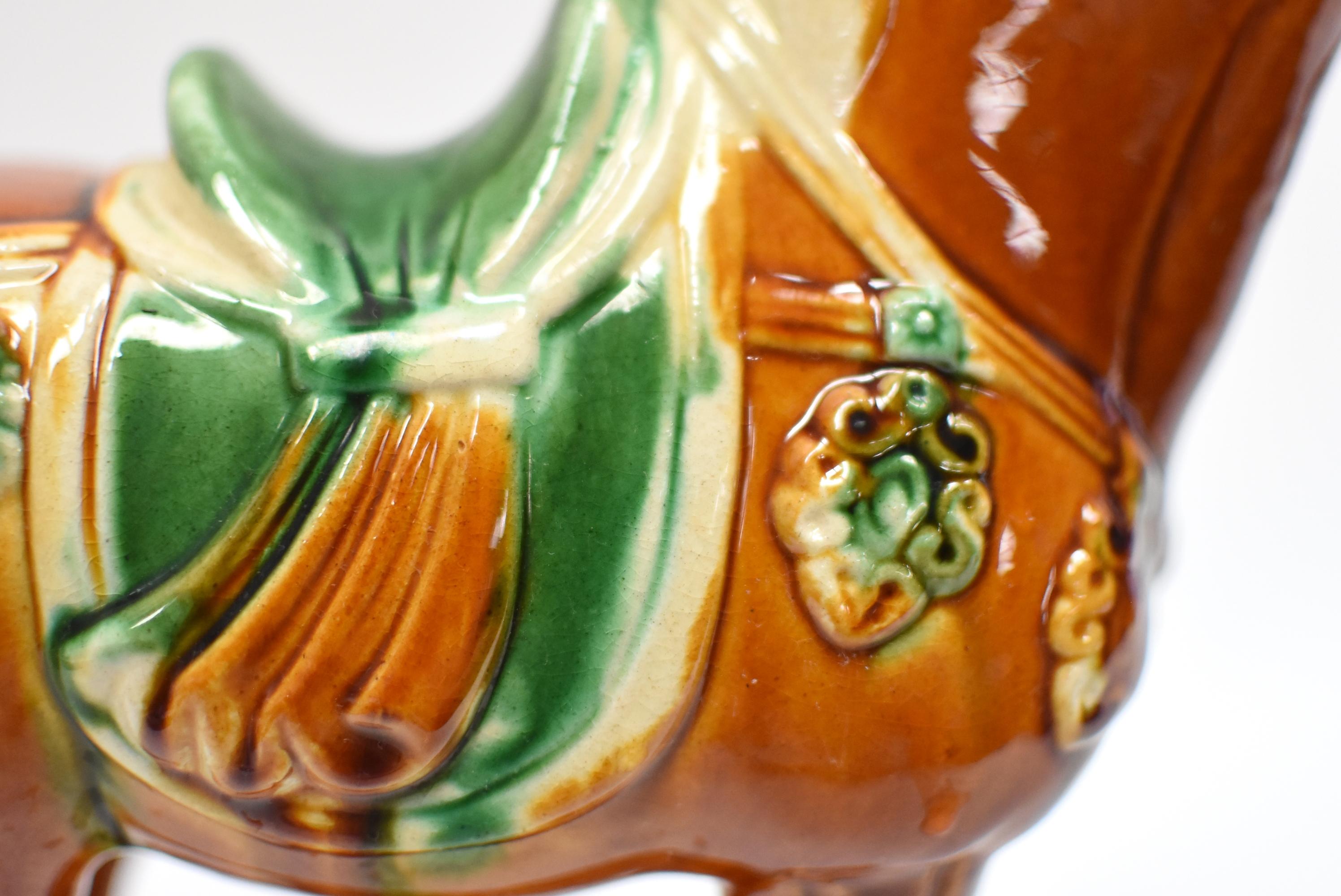 Glazed Caramel Chinese Pottery Horse with Green Saddle
