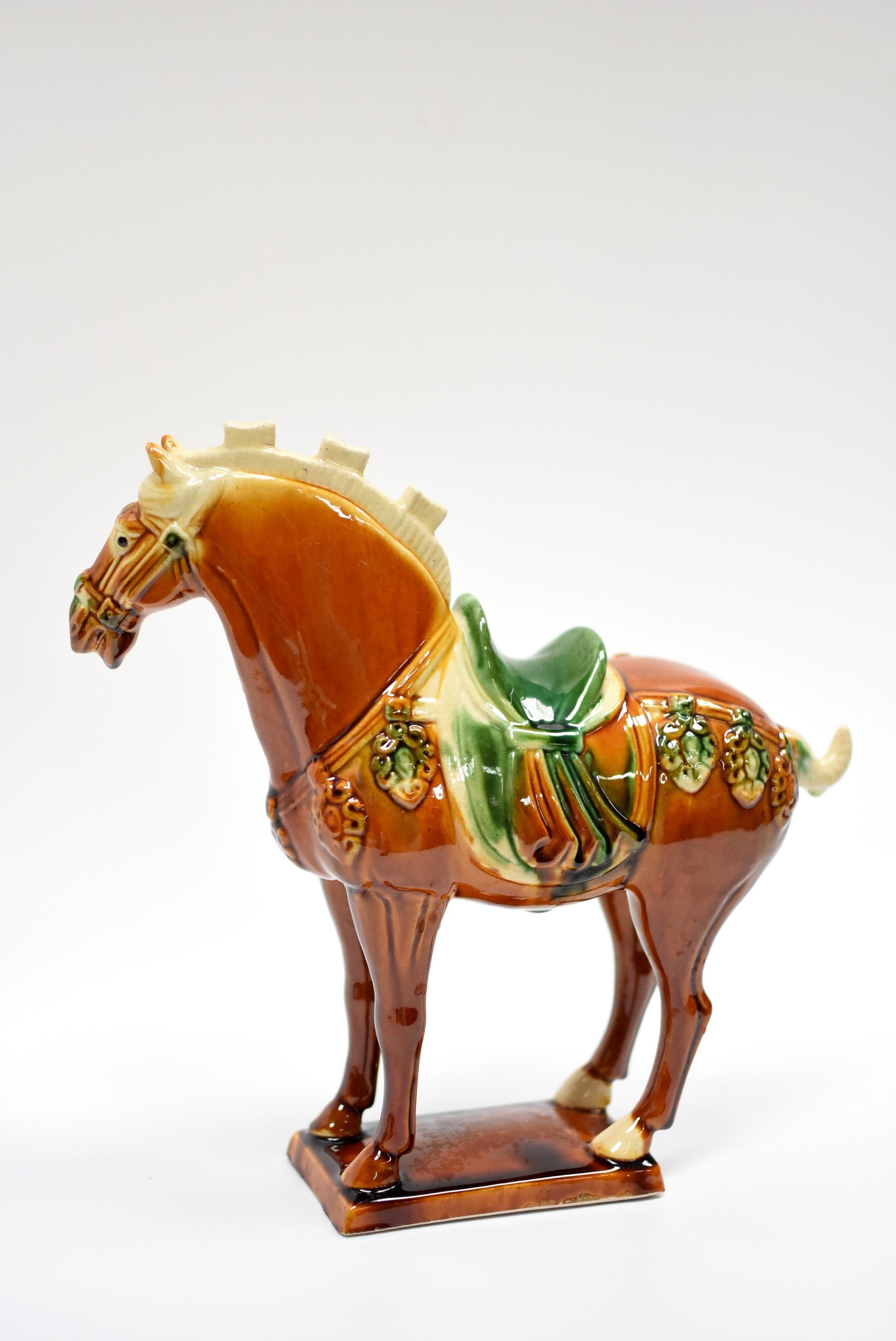 Caramel Chinese Pottery Horse with Green Saddle In Excellent Condition In Somis, CA