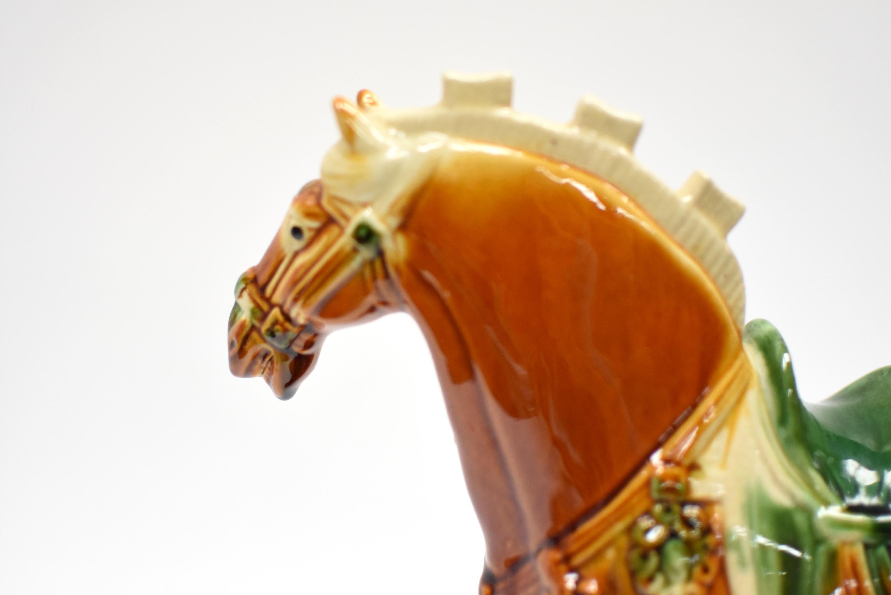 Contemporary Caramel Chinese Pottery Horse with Green Saddle