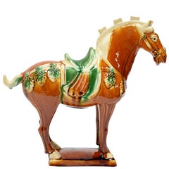 Caramel Chinese Pottery Horse with Green Saddle