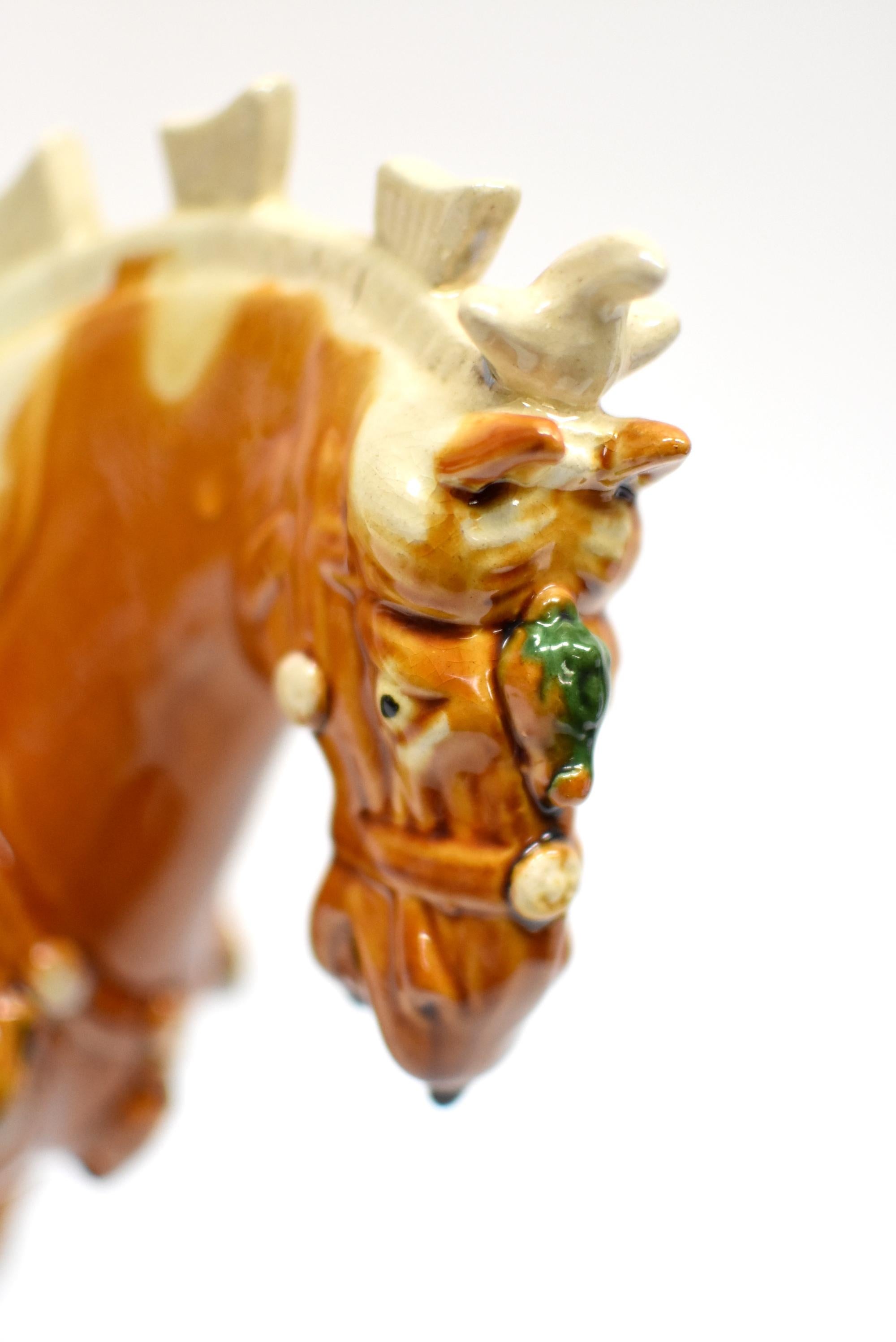 Caramel Chinese Pottery Horse with Ruby Rosette In Excellent Condition In Somis, CA