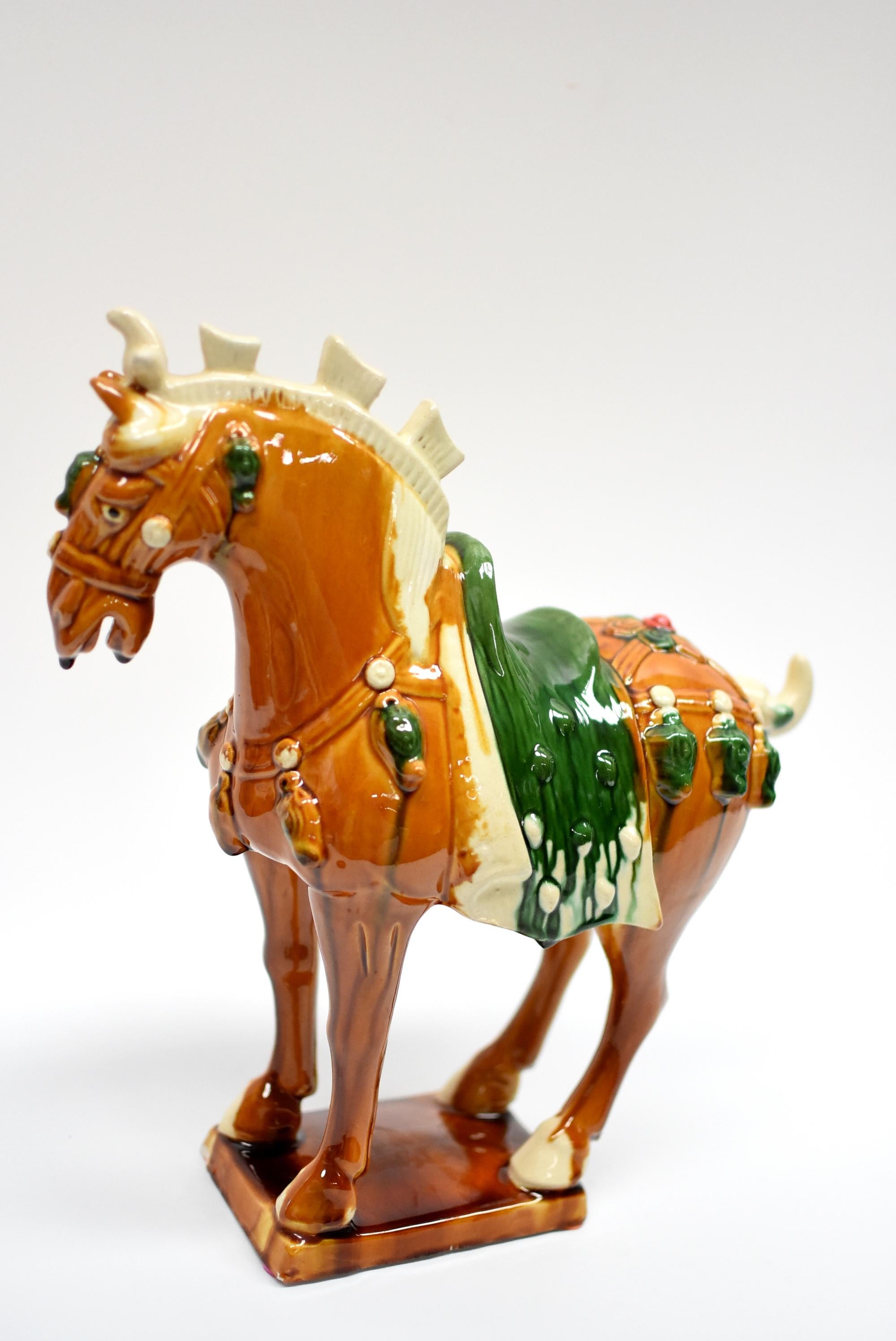 Contemporary Caramel Chinese Pottery Horse with Ruby Rosette