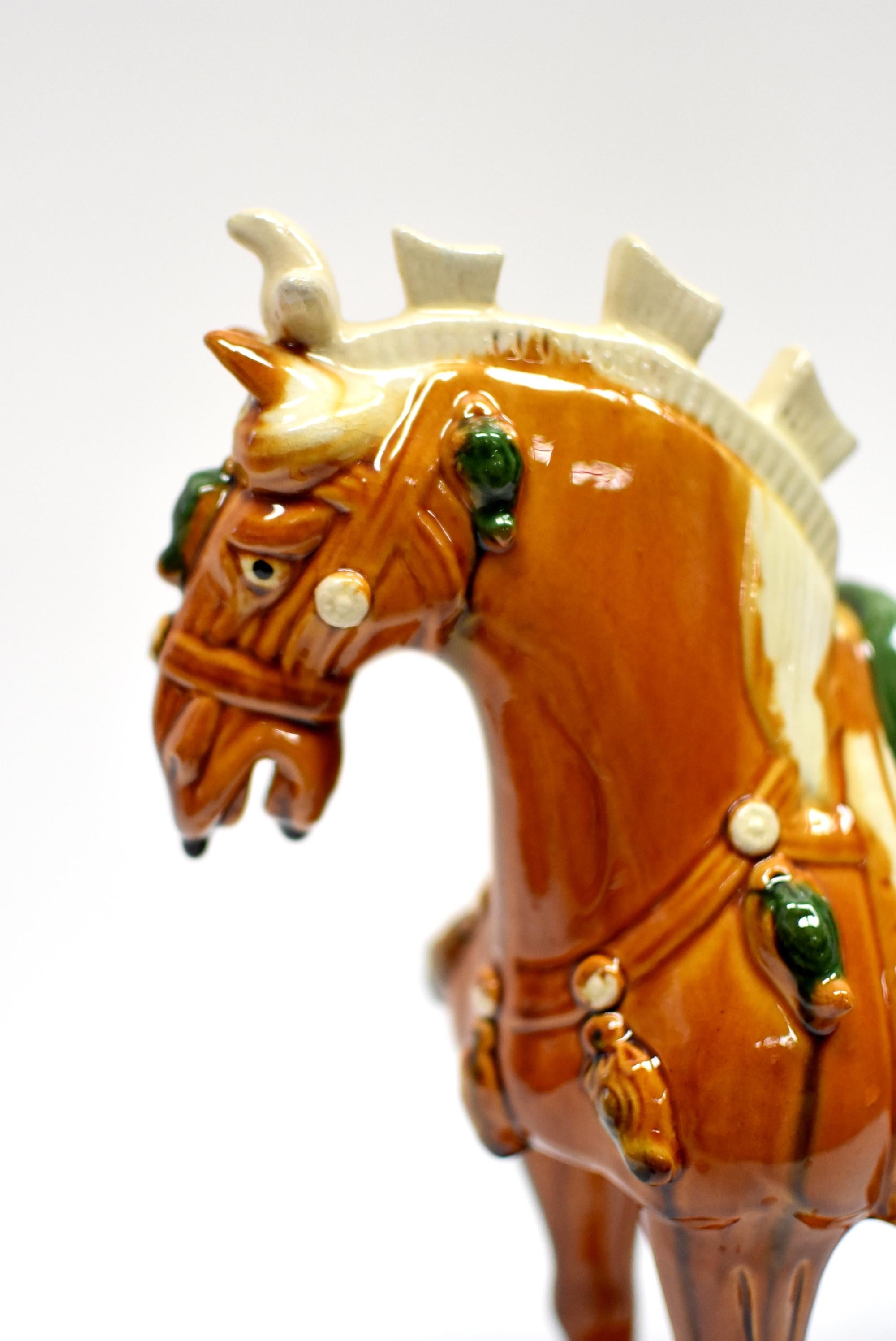 Terracotta Caramel Chinese Pottery Horse with Ruby Rosette