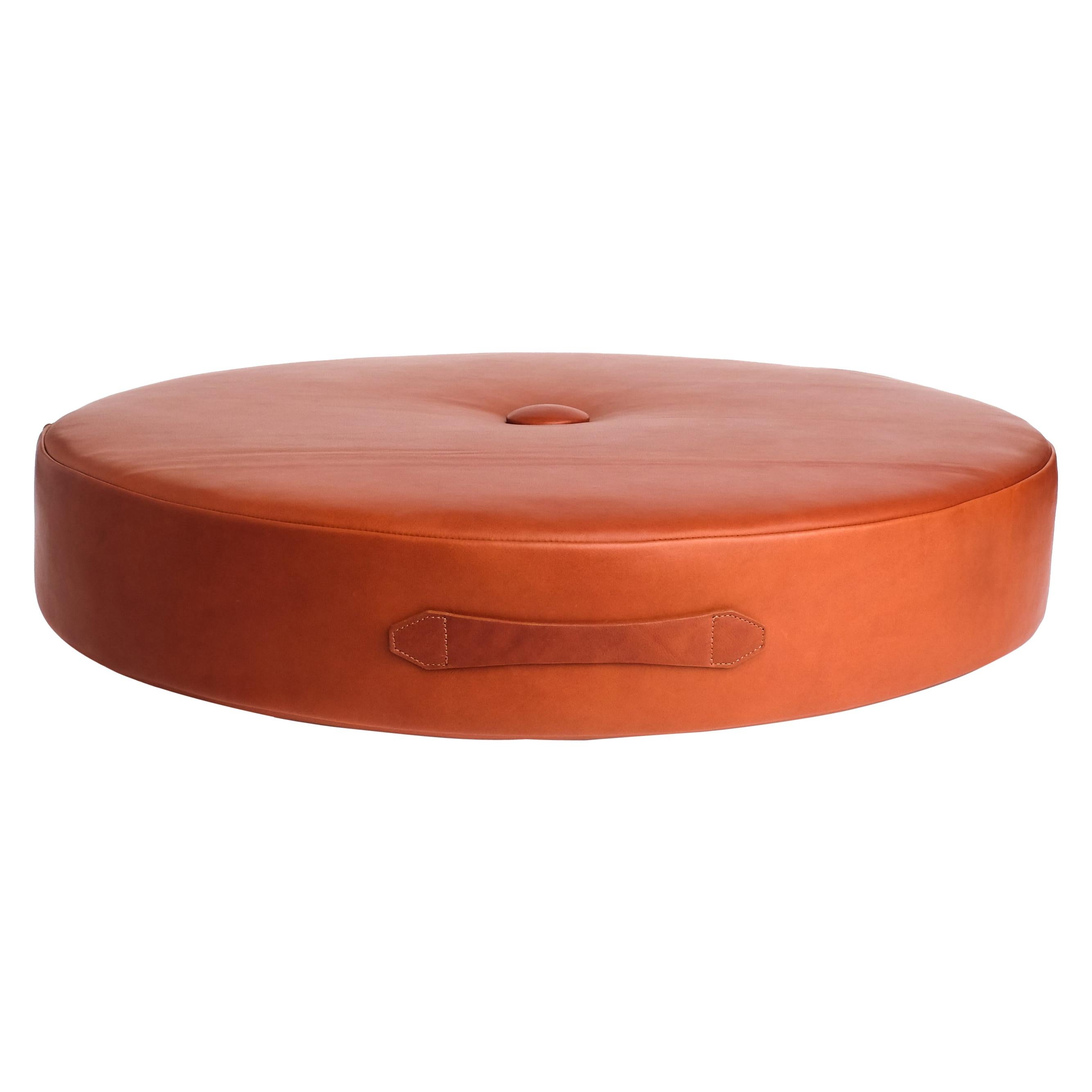 Leather Drum Stacking Floor Cushion 30"Øx5" in Caramel by Moses Nadel For Sale