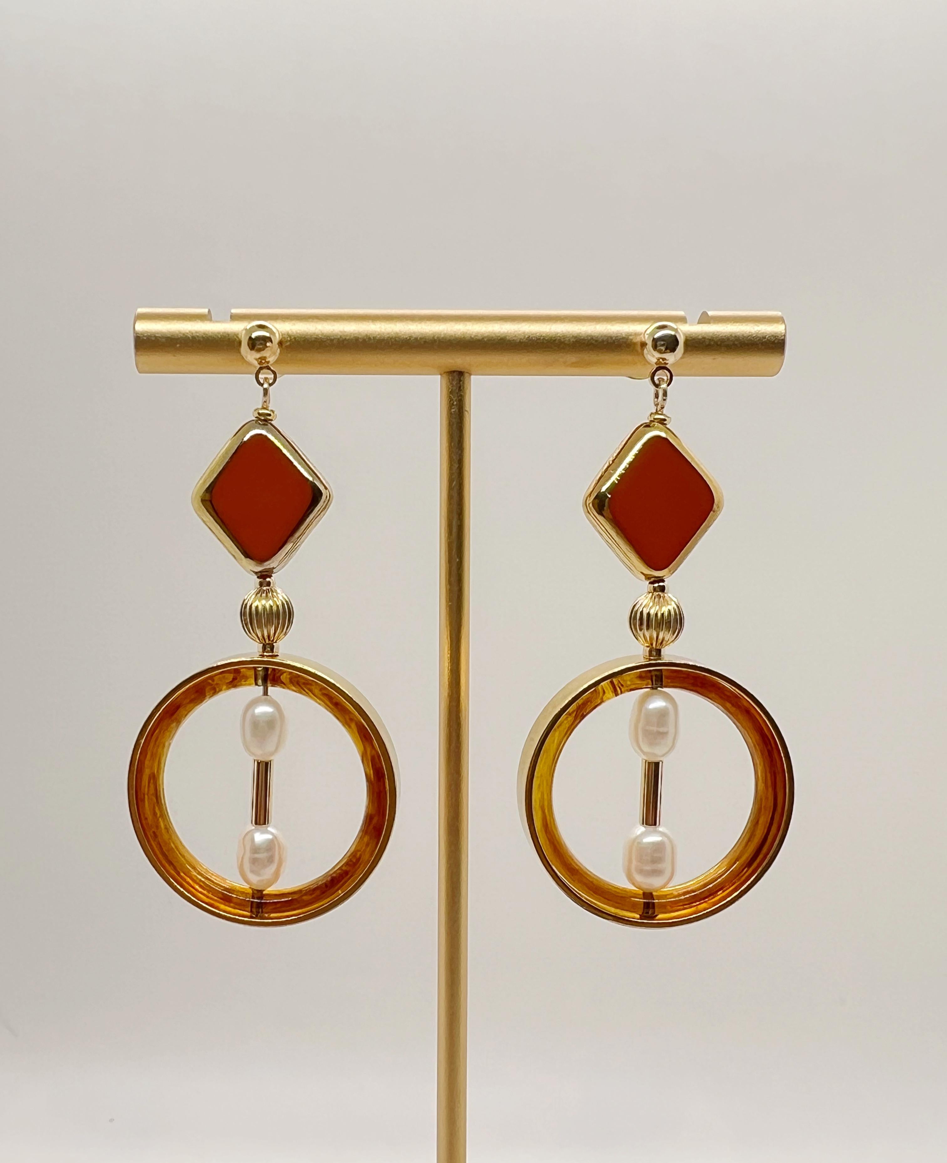 Uncut Caramel Colored Vintage German Glass Beads with Lucite and Pearls Earrings