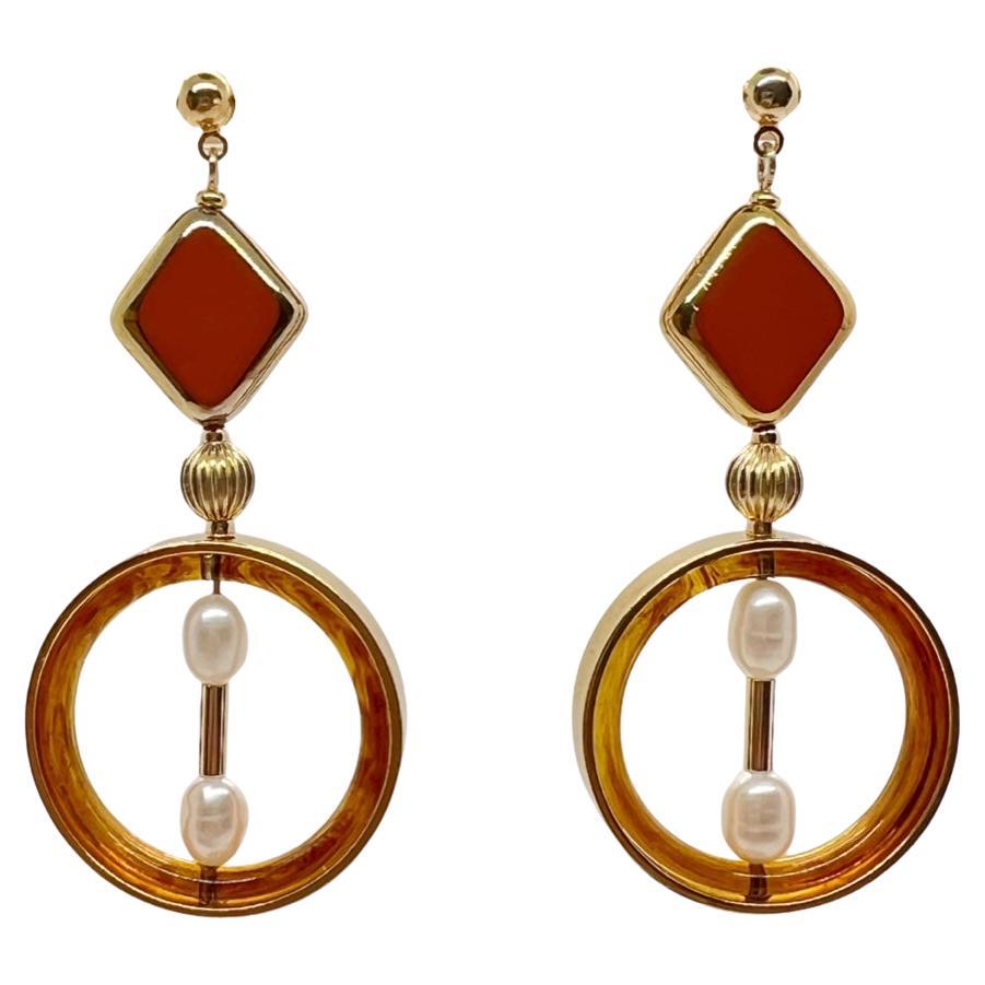 Caramel Colored Vintage German Glass Beads with Lucite and Pearls Earrings For Sale