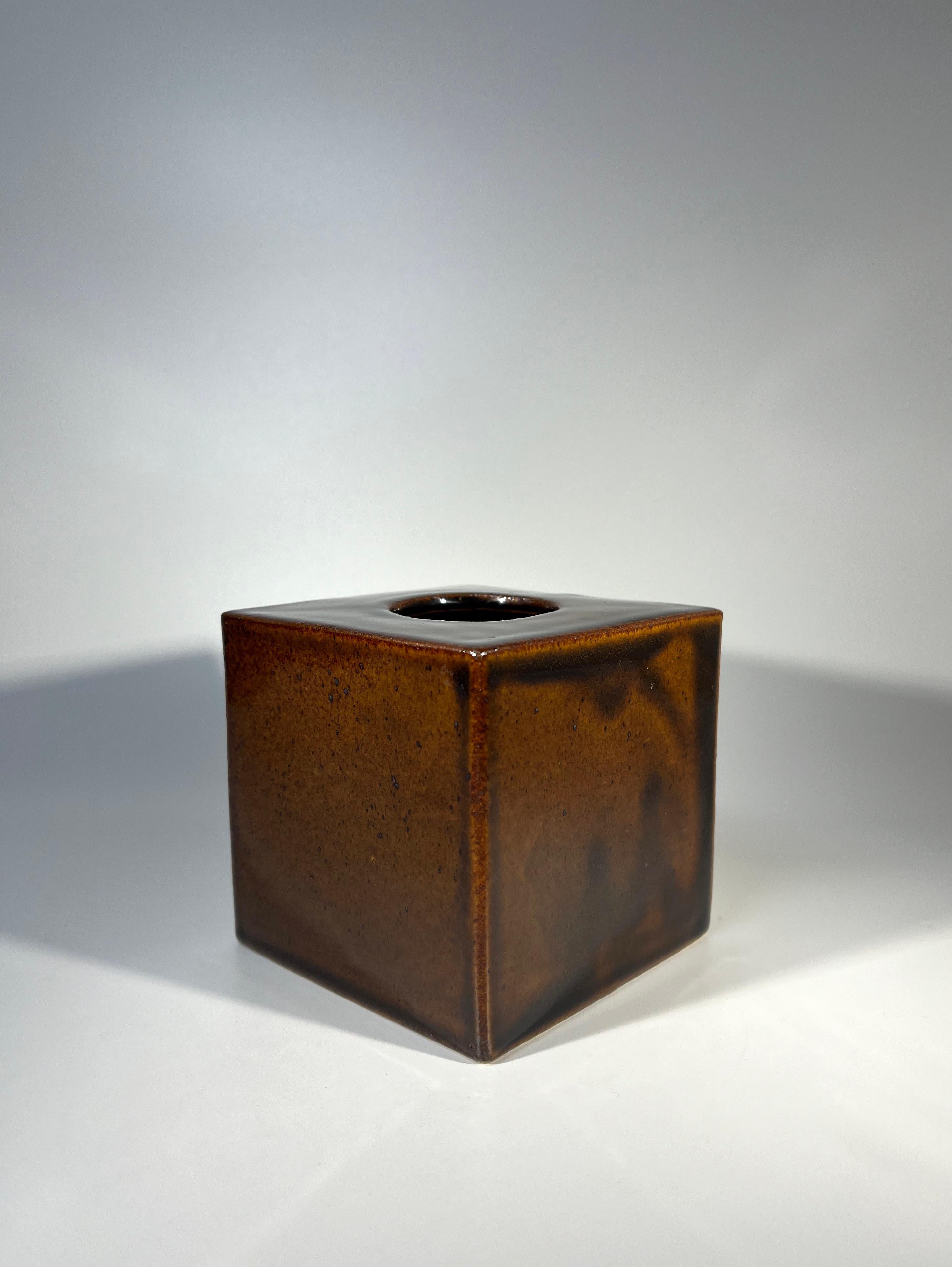 Danish Caramel Glazed Cube Vase By Christine Konschak For Knabstrup, Denmark, c1960 For Sale