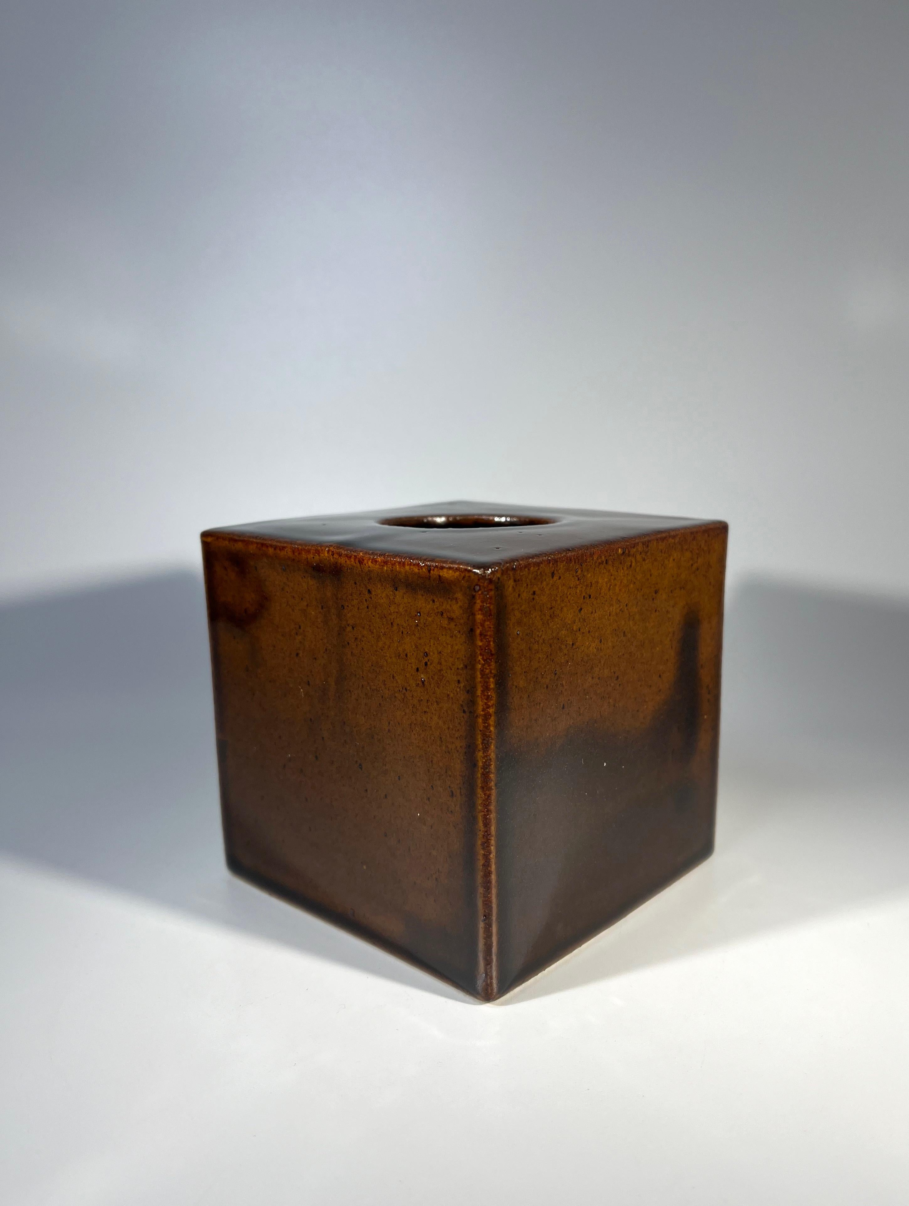 Ceramic Caramel Glazed Cube Vase By Christine Konschak For Knabstrup, Denmark, c1960 For Sale