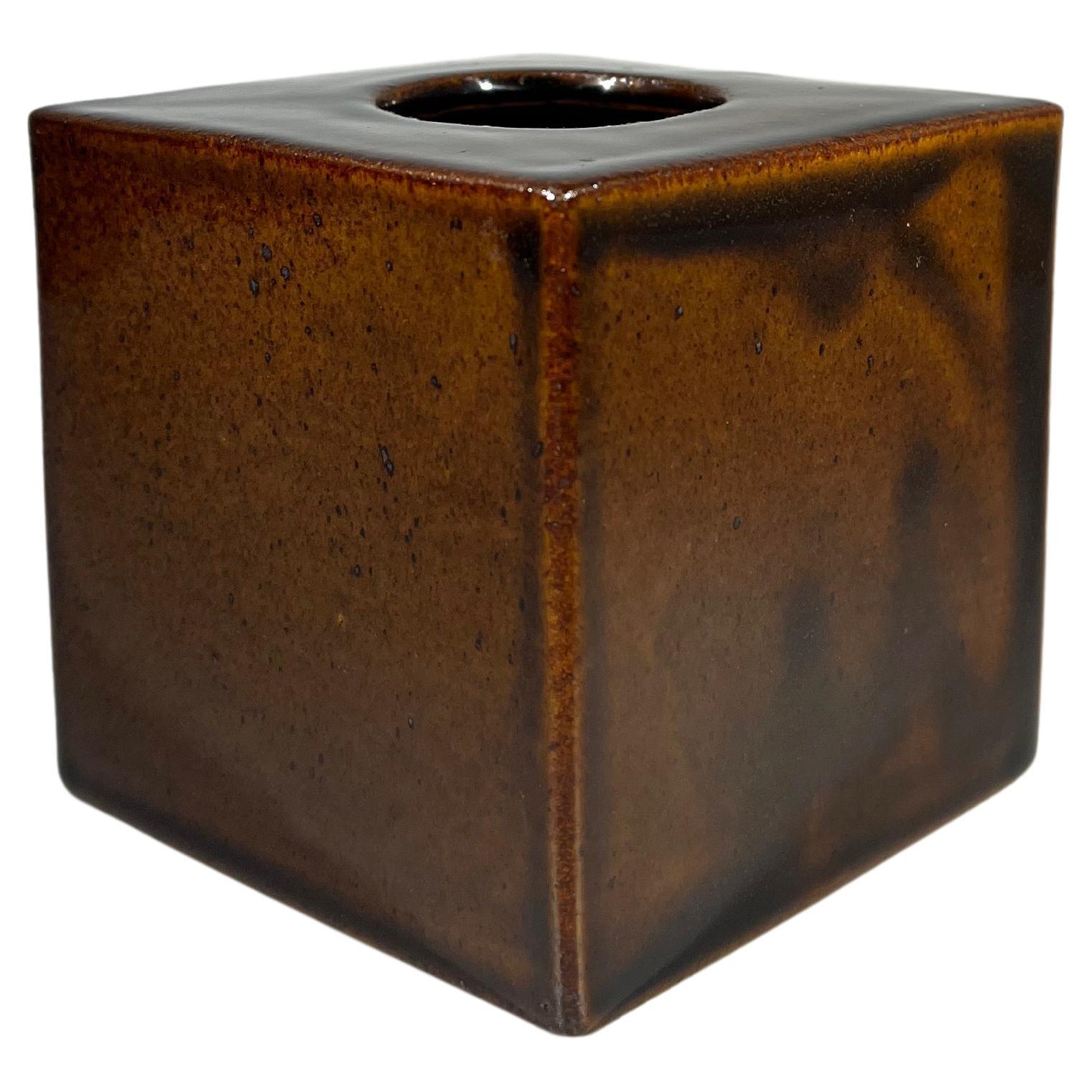 Caramel Glazed Cube Vase By Christine Konschak For Knabstrup, Denmark, c1960 For Sale
