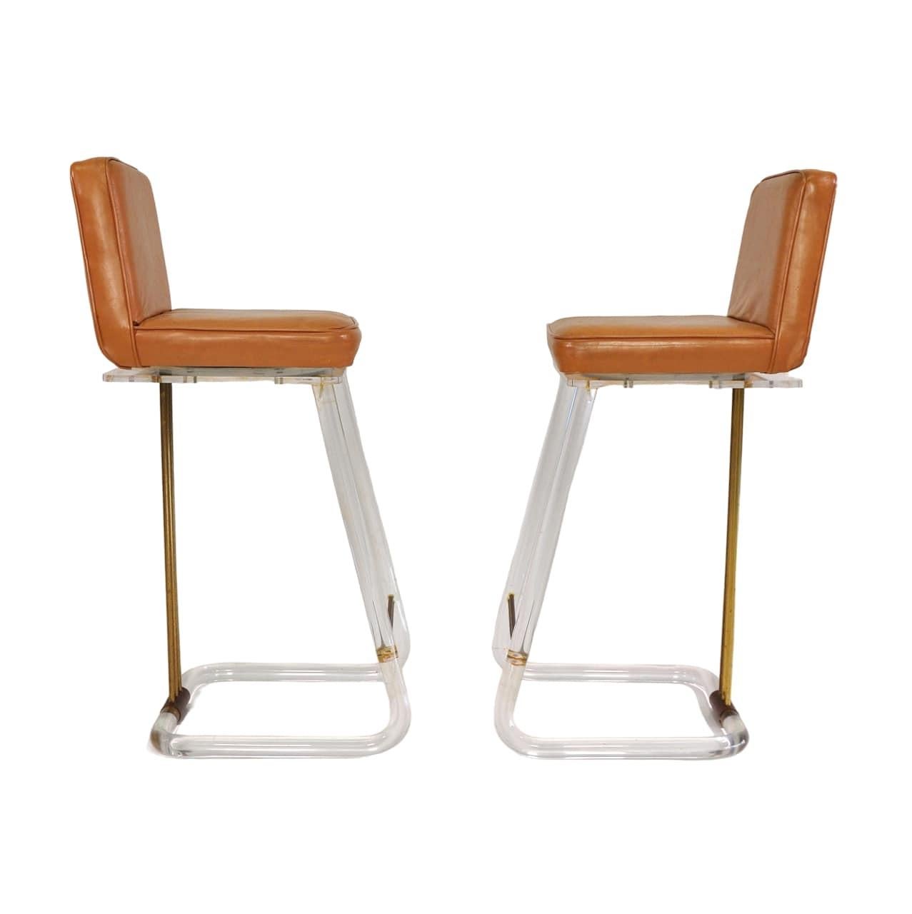 Mid-Century Modern Caramel Leather and Lucite Swivel Bar Stools by Lion in Frost