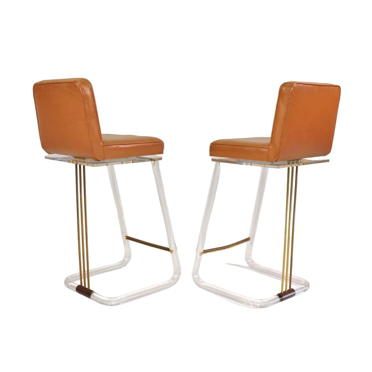 20th Century Caramel Leather and Lucite Swivel Bar Stools by Lion in Frost