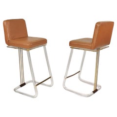 Caramel Leather and Lucite Swivel Bar Stools by Lion in Frost