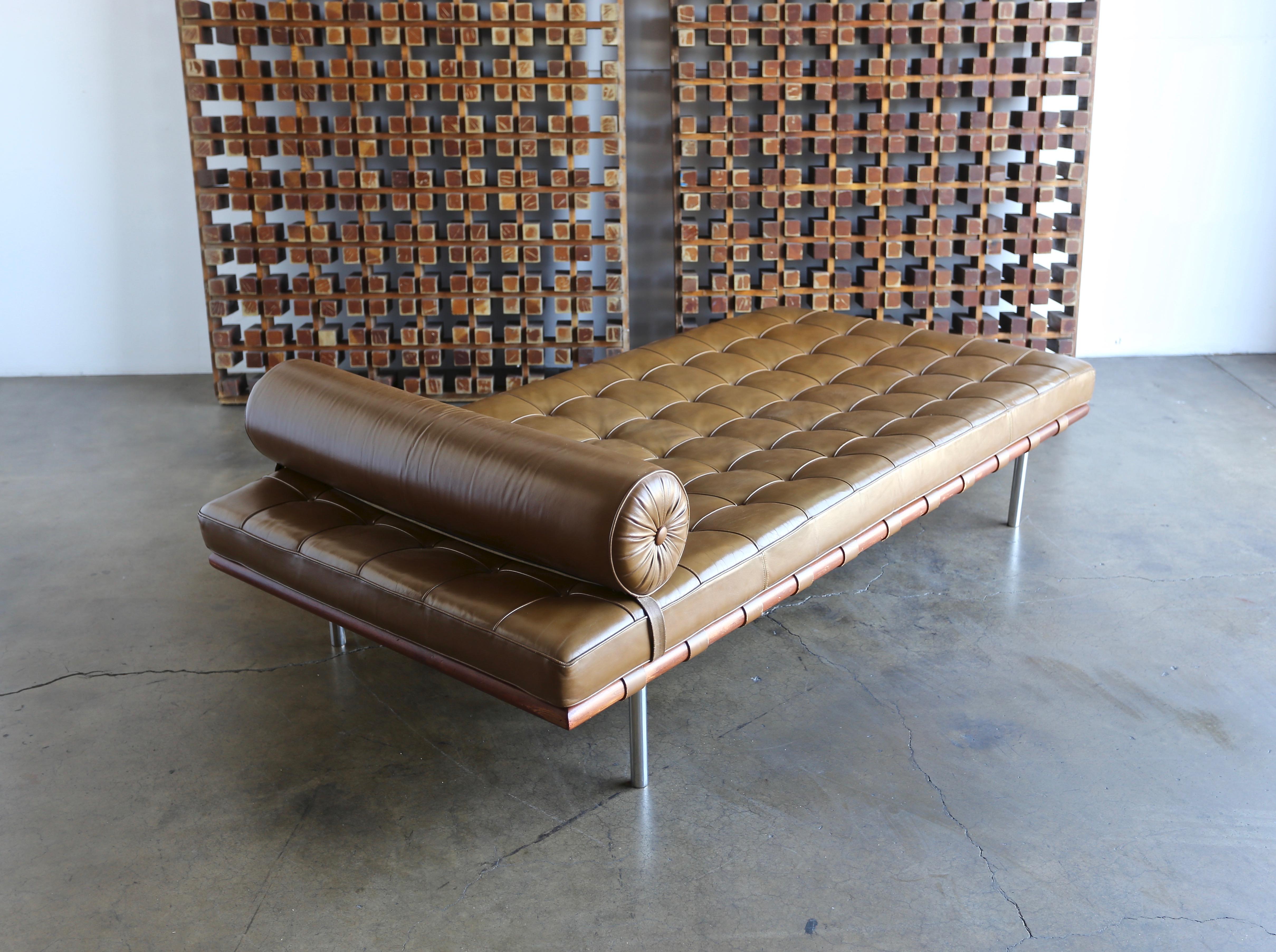 Caramel leather and walnut daybed by Mies van der Rohe for Knoll, 1974.