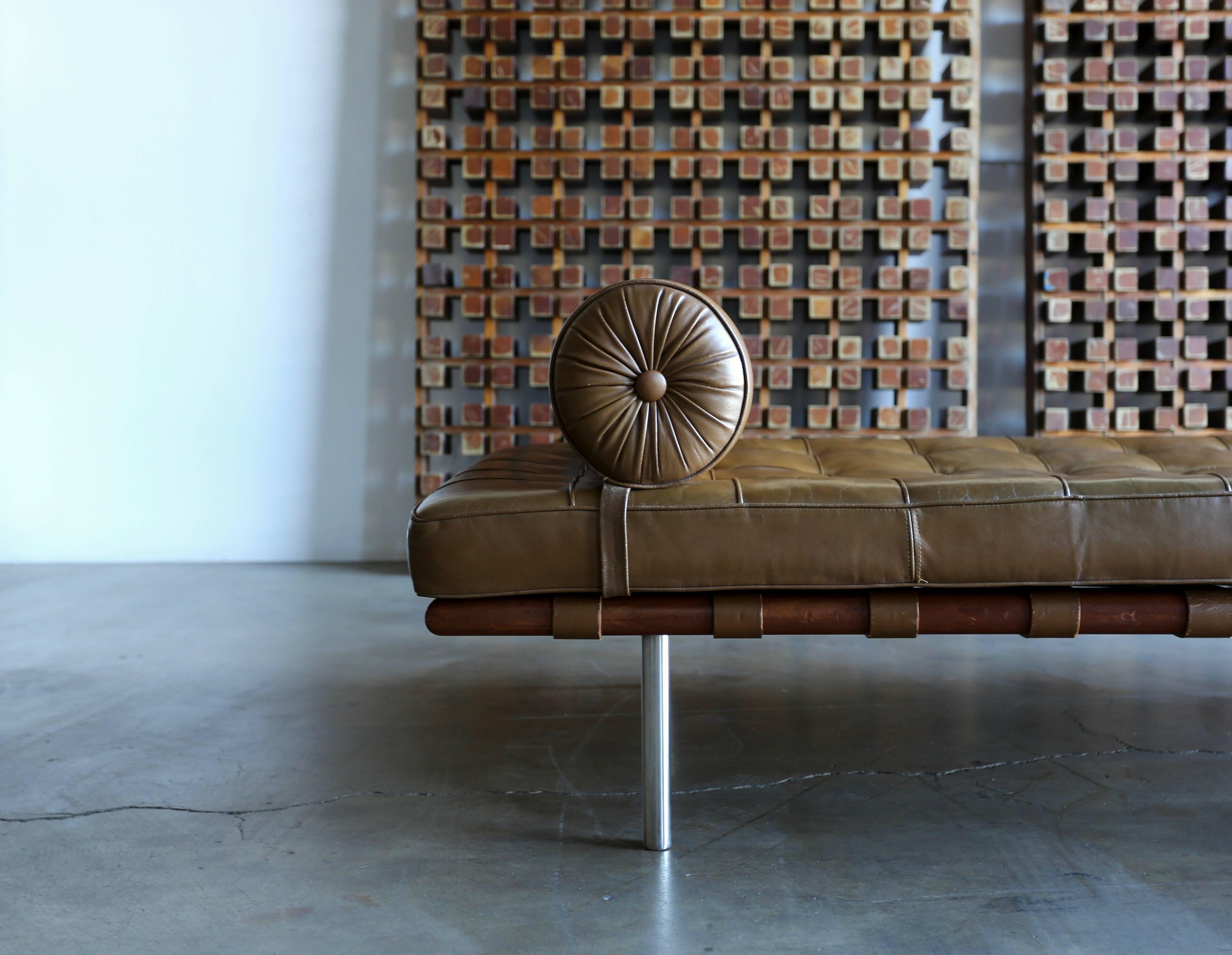Caramel leather and walnut daybed by Mies van der Rohe for Knoll, 1974. This piece is in very good original condition with a nice patina to the leather.