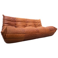 Caramel Leather "Togo" Three-Seater Sofa by Michel Ducaroy, Ligne Roset, 1970s