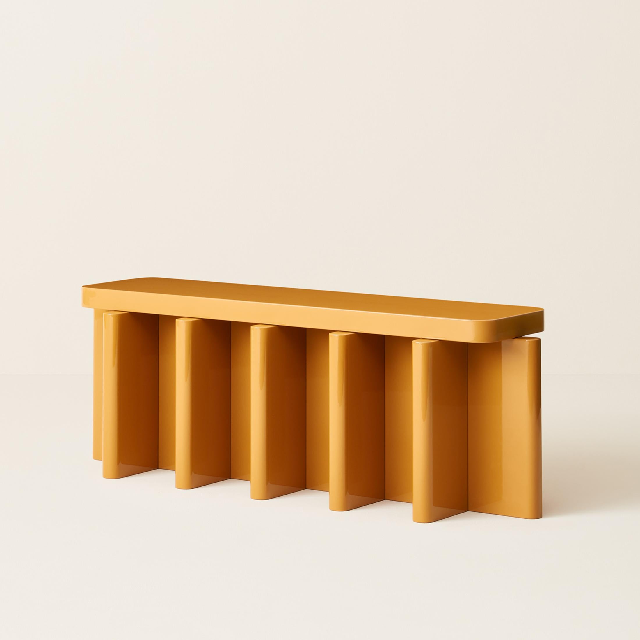 Caramel Spina B5.1 Bench by Cara Davide
Dimensions: D 130 x W 40 x H 45 cm 
Materials: MDF lacquered gloss or solid European Walnut. 
Also available in Dusty Red, Bordeaux, Caramel, Off-white, Noce Europeo.


Spina is a collection of lacquered