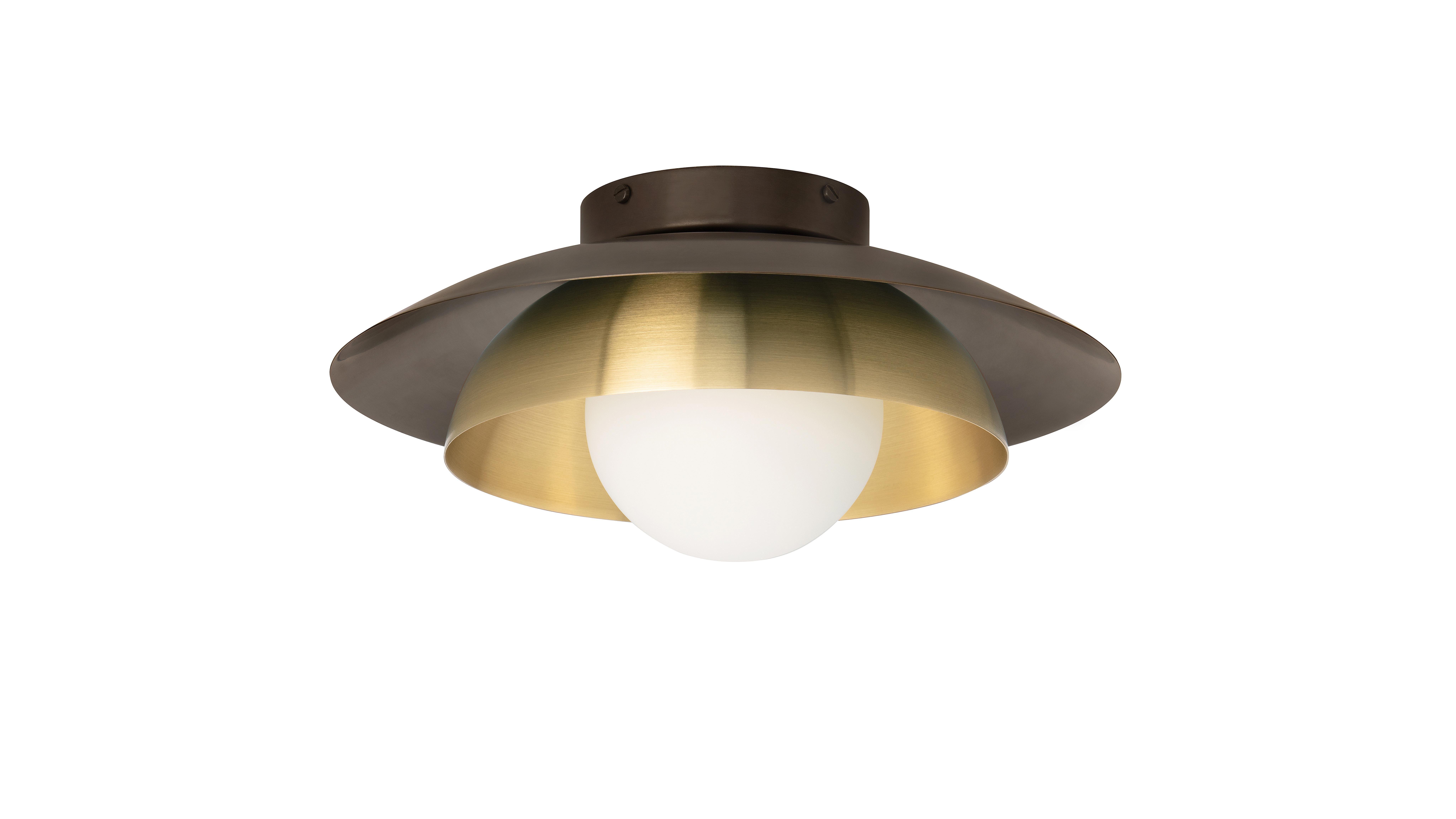 Carapace ceiling / wall-mount lamp by CTO Lighting
Materials: bronze with satin brass, opal glass shade
Dimensions: H 16.5 x W 32 cm

All our lamps can be wired according to each country. If sold to the USA it will be wired for the USA for