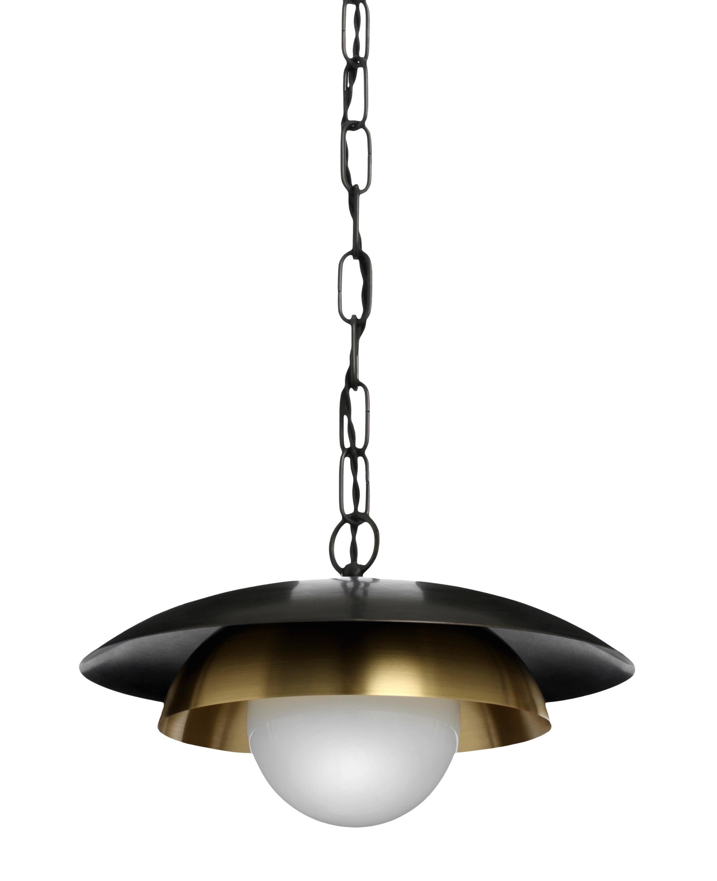 Carapace-Chain pendant lamp by CTO Lighting
Materials: bronze with satin brass, opal glass shade and bronze oval chain/black braided flex
Dimensions: H 15 x W 32 cm

All our lamps can be wired according to each country. If sold to the USA it will be