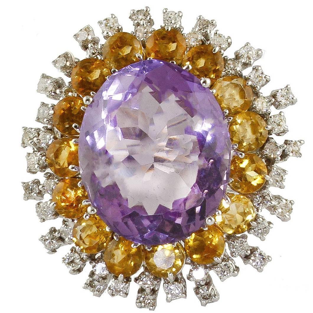Amethyst Topaz and Diamonds White Gold Sun Ring For Sale