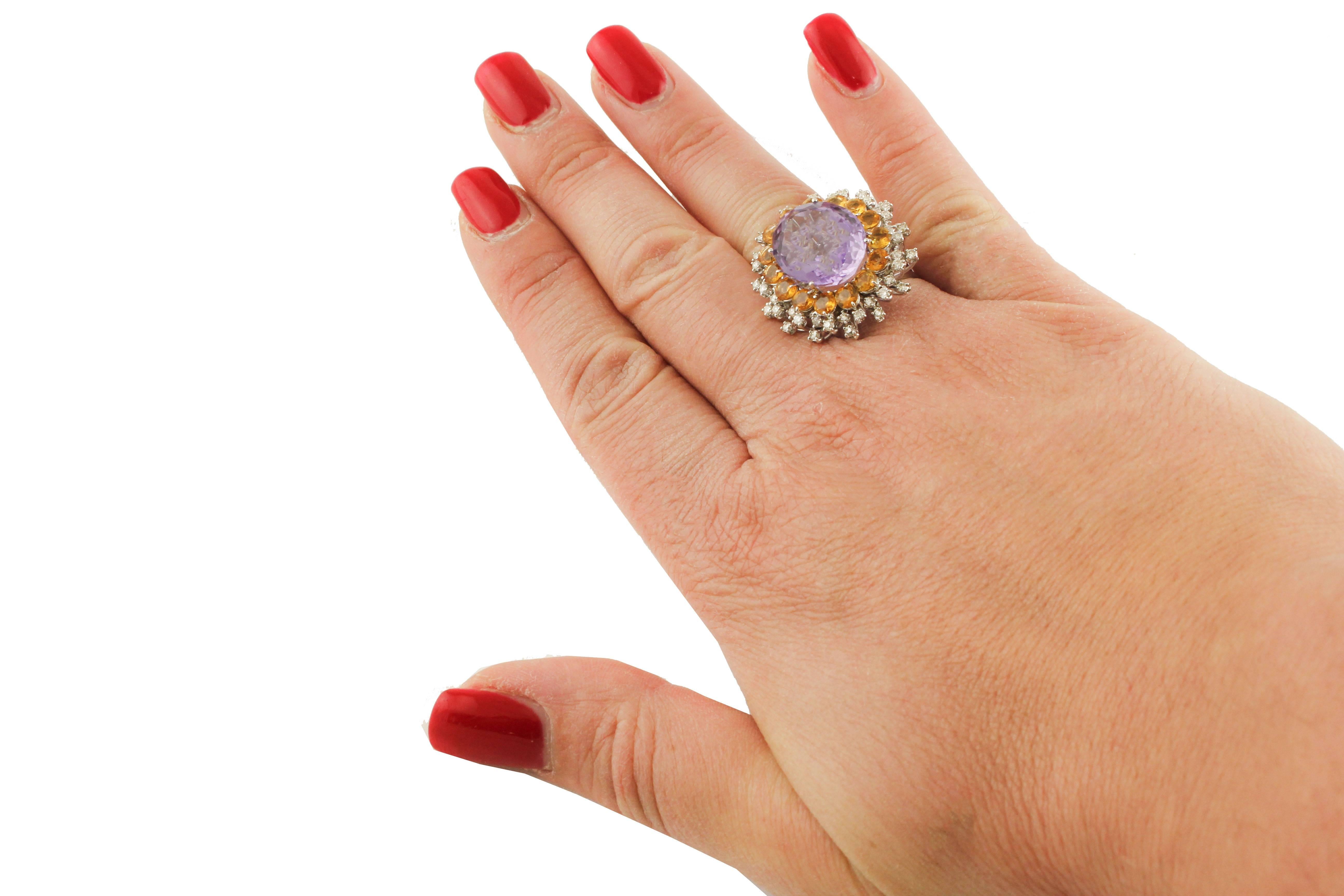 Amethyst Topaz and Diamonds White Gold Sun Ring For Sale 3