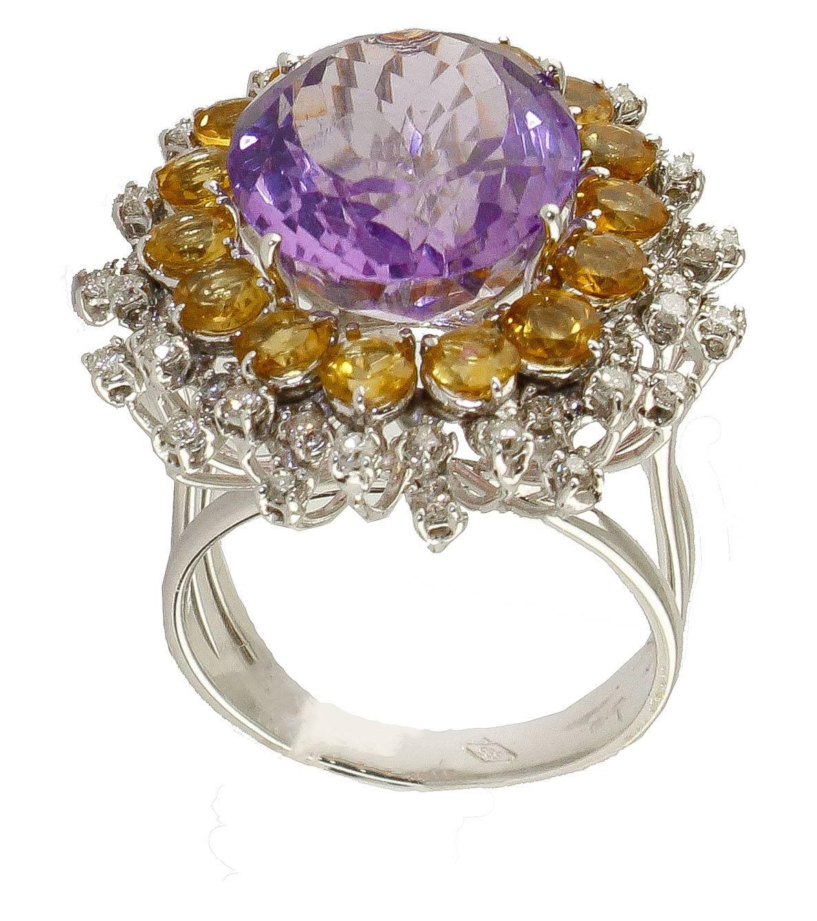 Mixed Cut Amethyst Topaz and Diamonds White Gold Sun Ring For Sale