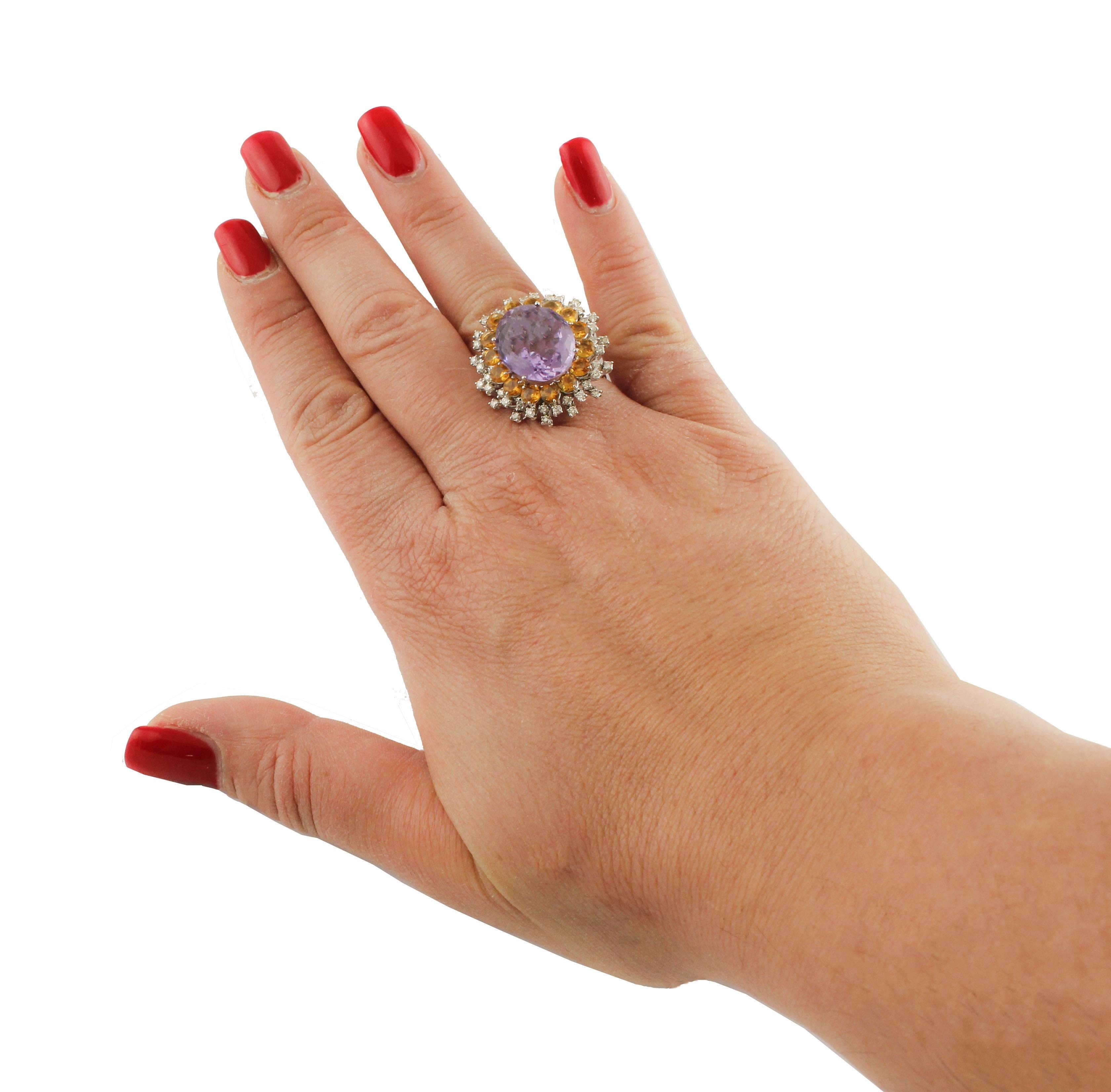 Women's Amethyst Topaz and Diamonds White Gold Sun Ring For Sale