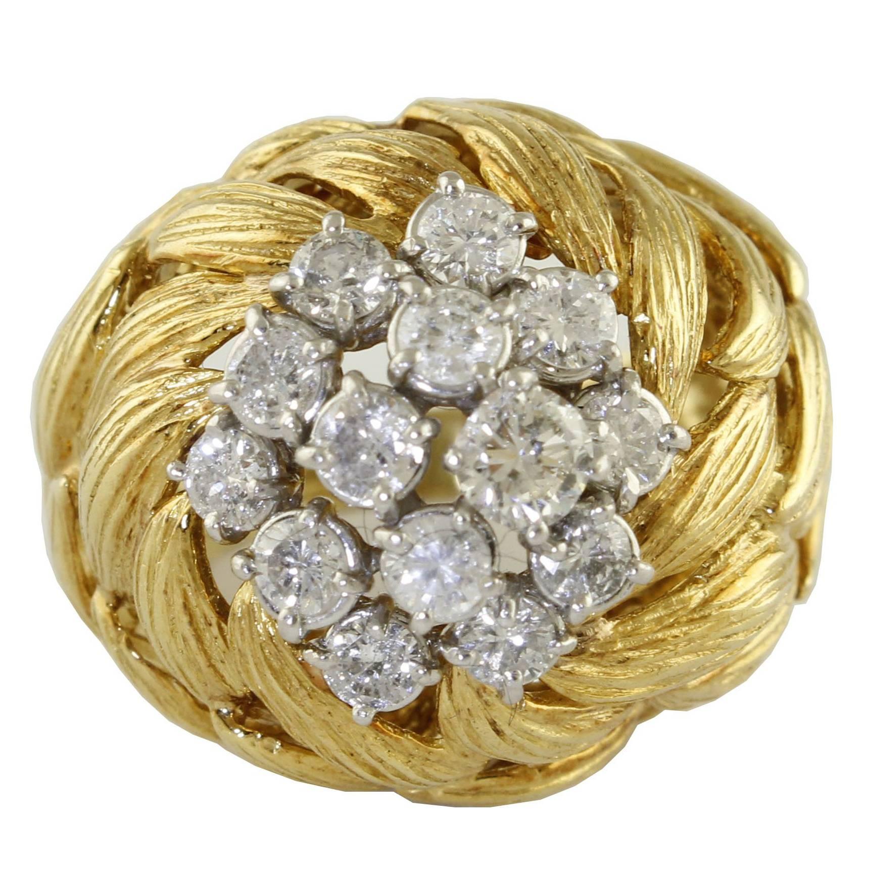 2, 25 carat White Diamonds 18 kt Yellow Gold Cluster Ring For Sale