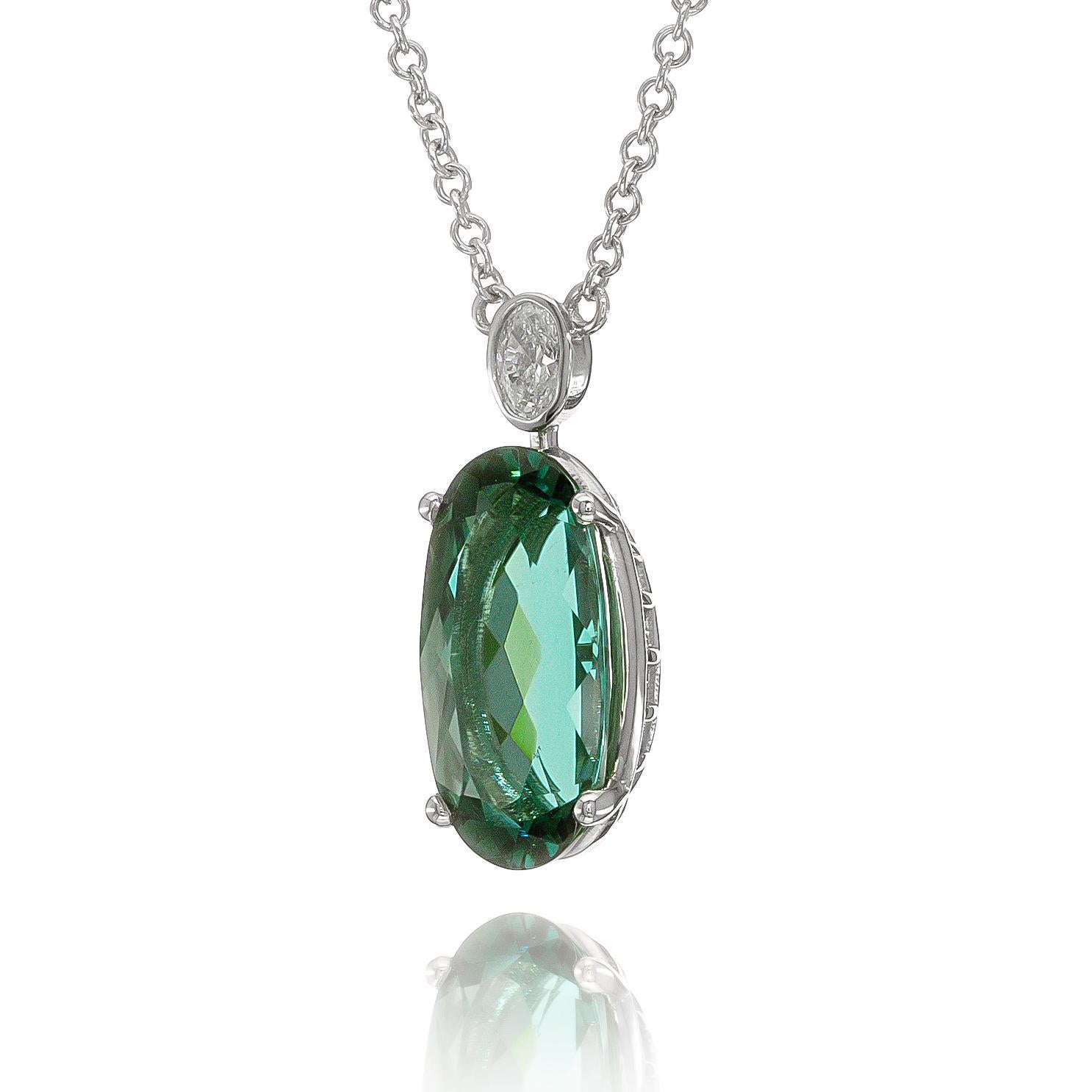 Mixed Cut Carat 3.24 Blue-Green Tourmaline Diamond in White Gold Pendant  For Sale
