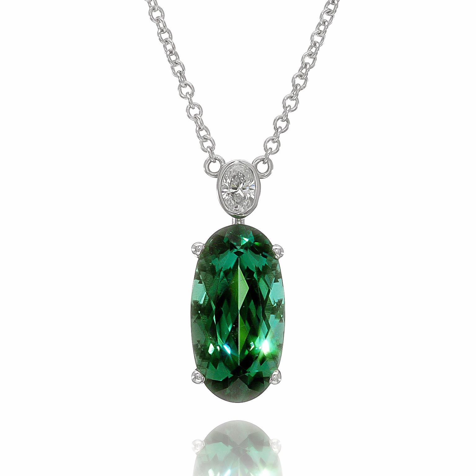 Carat 3.24 Blue-Green Tourmaline Diamond in White Gold Pendant  In New Condition For Sale In Los Angeles, CA
